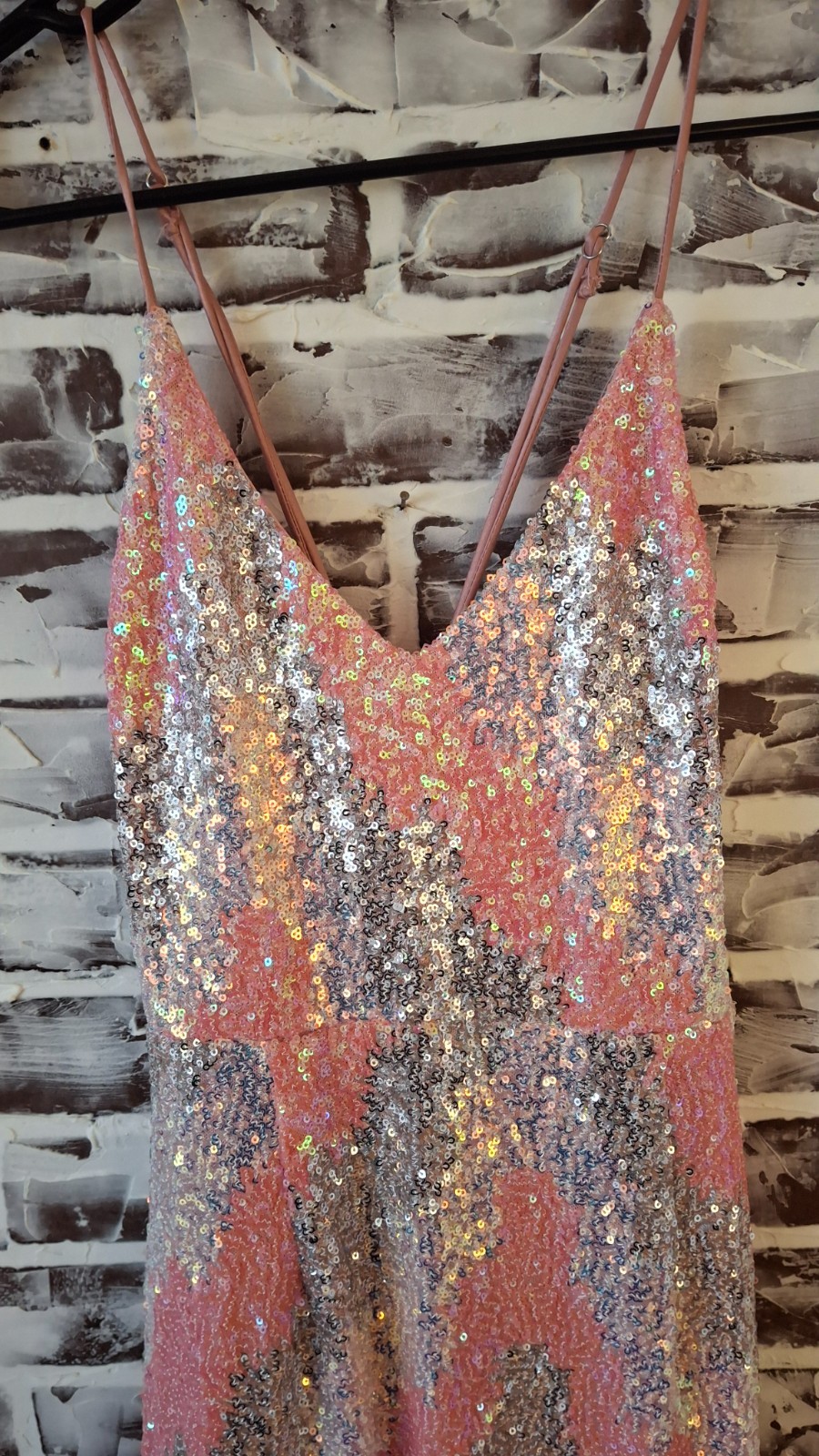 New Hello Molly Size 8 Pink Silver Sequin Dress Crossback Spaghetti Straps Mini