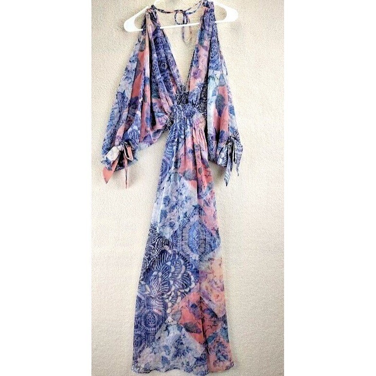 MISA Los Angeles Floral Tiered Midi Dress XS Bohemian Cold Shoulder Purple