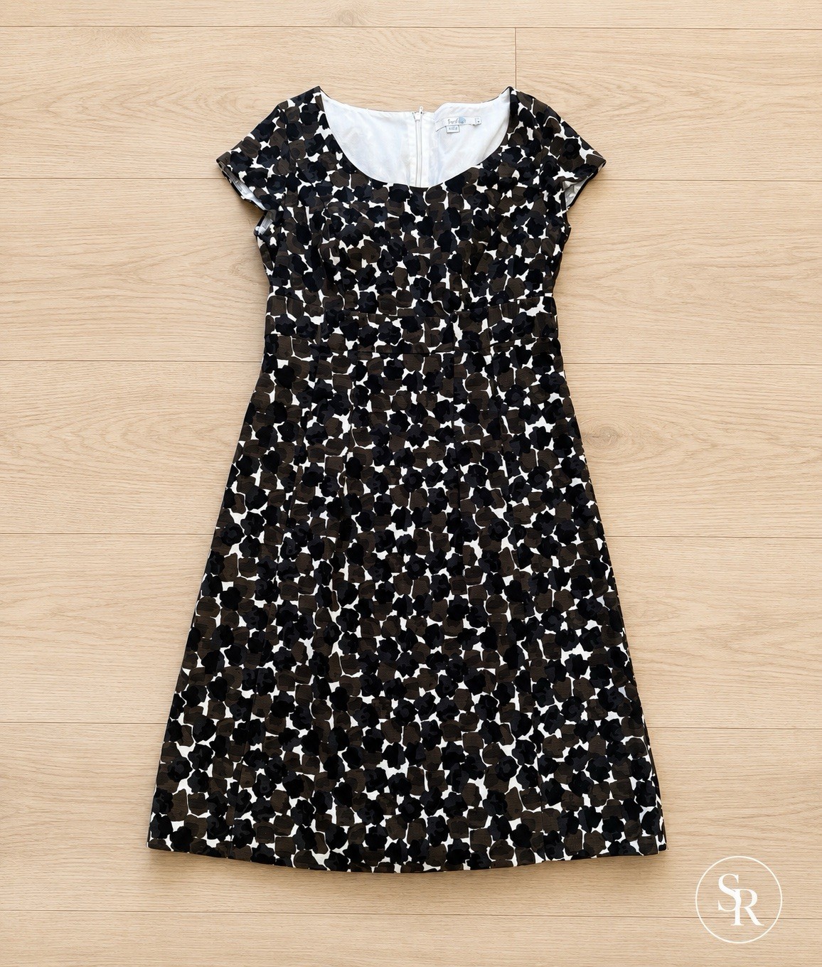 Boden Textured Patterned Dress Black Brown Ivory Size 10L Midi Pockets EUC