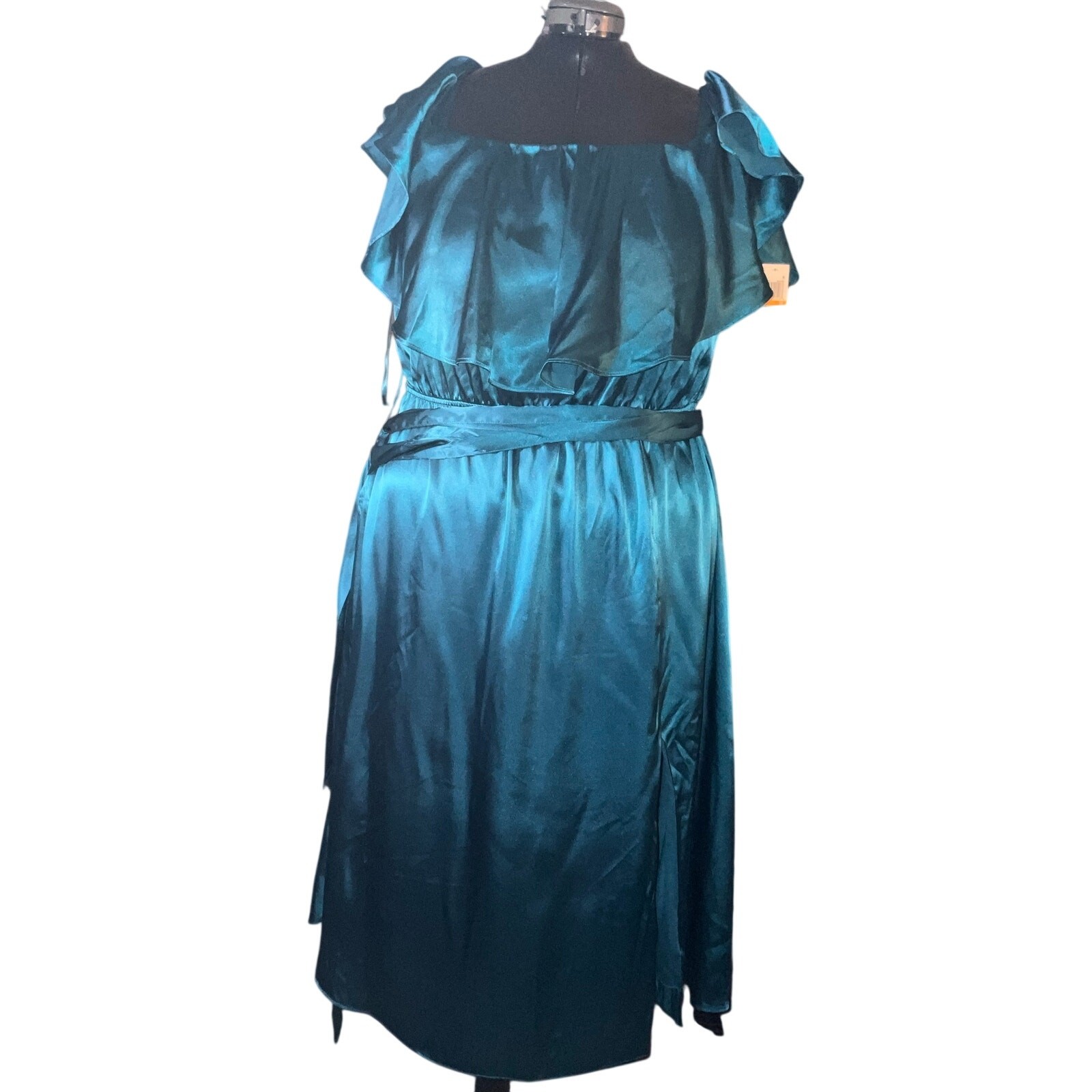 Dark Teal Satin Off Shoulder Ruffle Formal Midi Dress Wedding Guest NWT Plus 3X