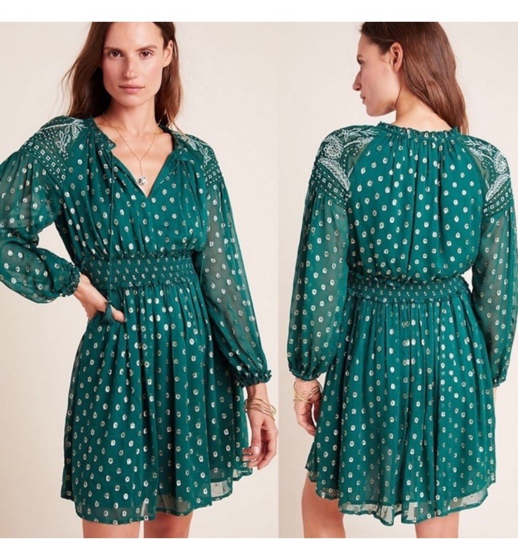 Ranna Gill x Anthropologie Green Polka Dot Long Sleeve Embroidered Dress. Size S