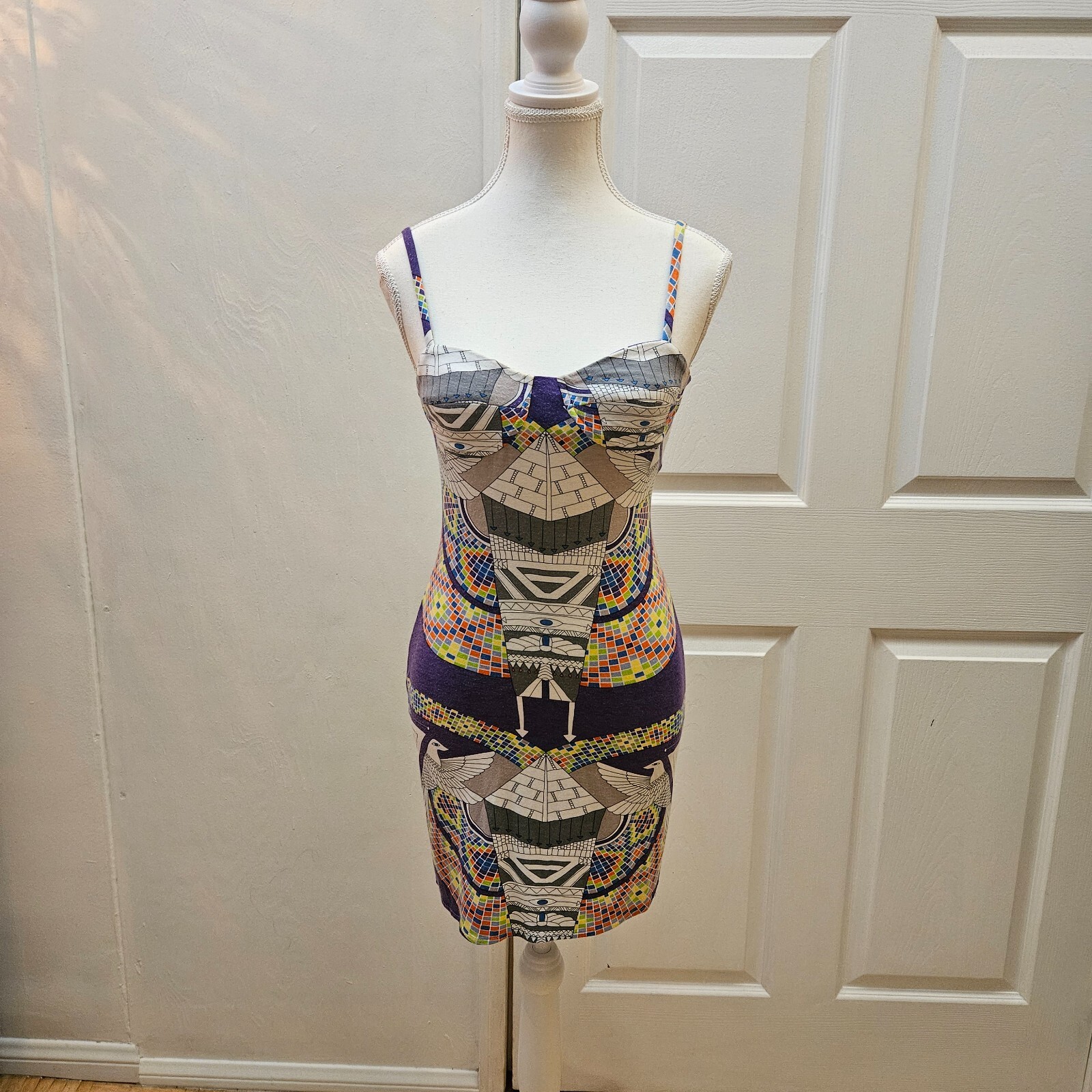 MARA HOFFMAN Runway White Purple Printed Egypt Stretch Bodycon Mini Dress XS