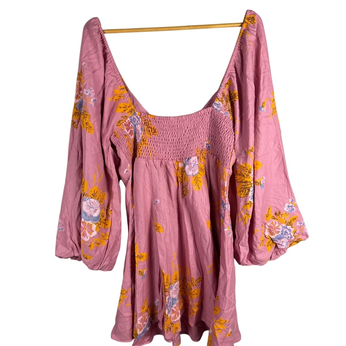 Free People Francesca Floral Puff Long Sleeves Mini Dress Rose Pink Size Large