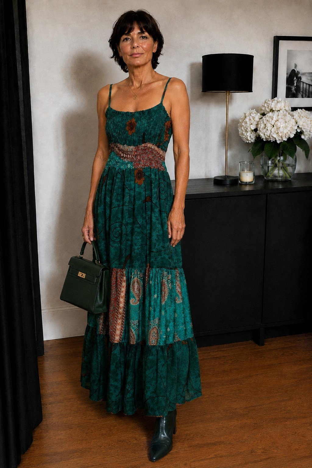 Vintage 100% Silk Indian Maxi Dress Green Boho Festival Holiday Summer UK 12 14