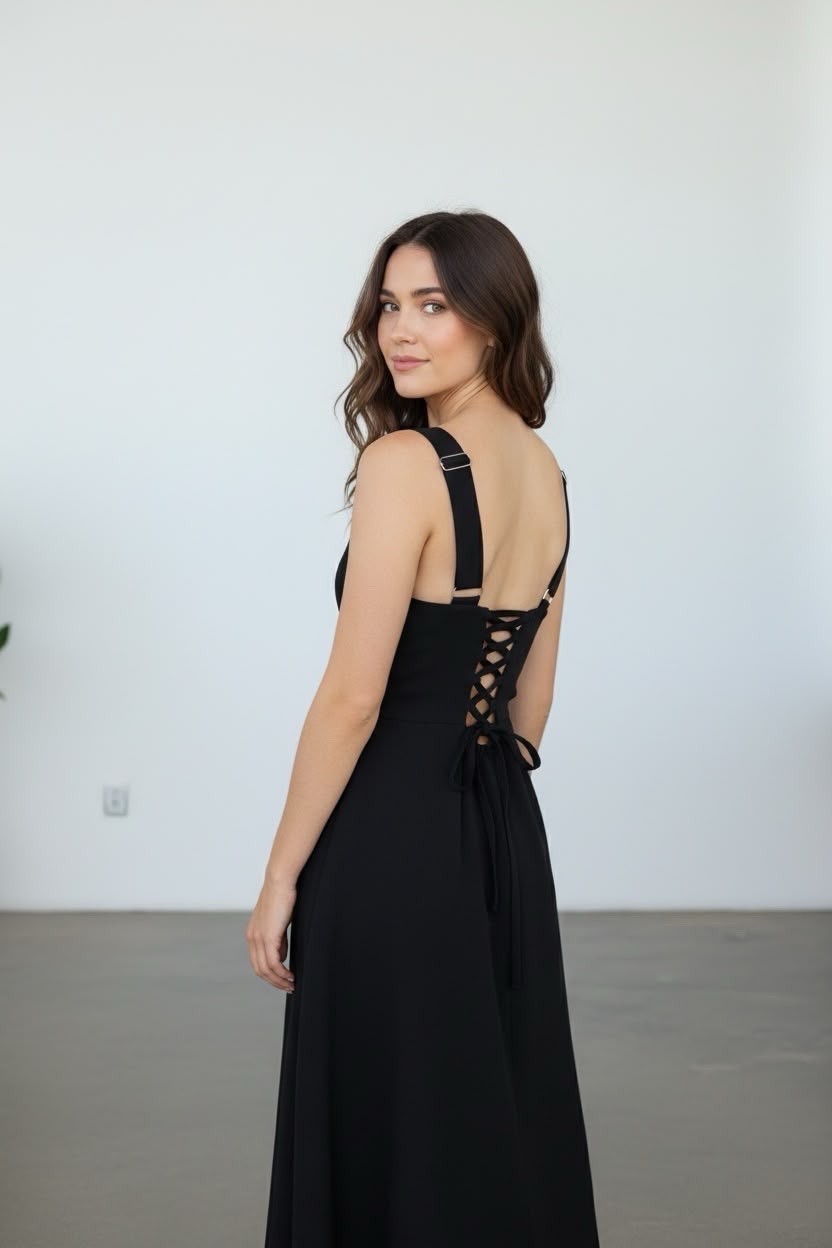 Women’s S Black Solid Maxi Dress Square Neck Sleeveless Backless Lace-Up Bow