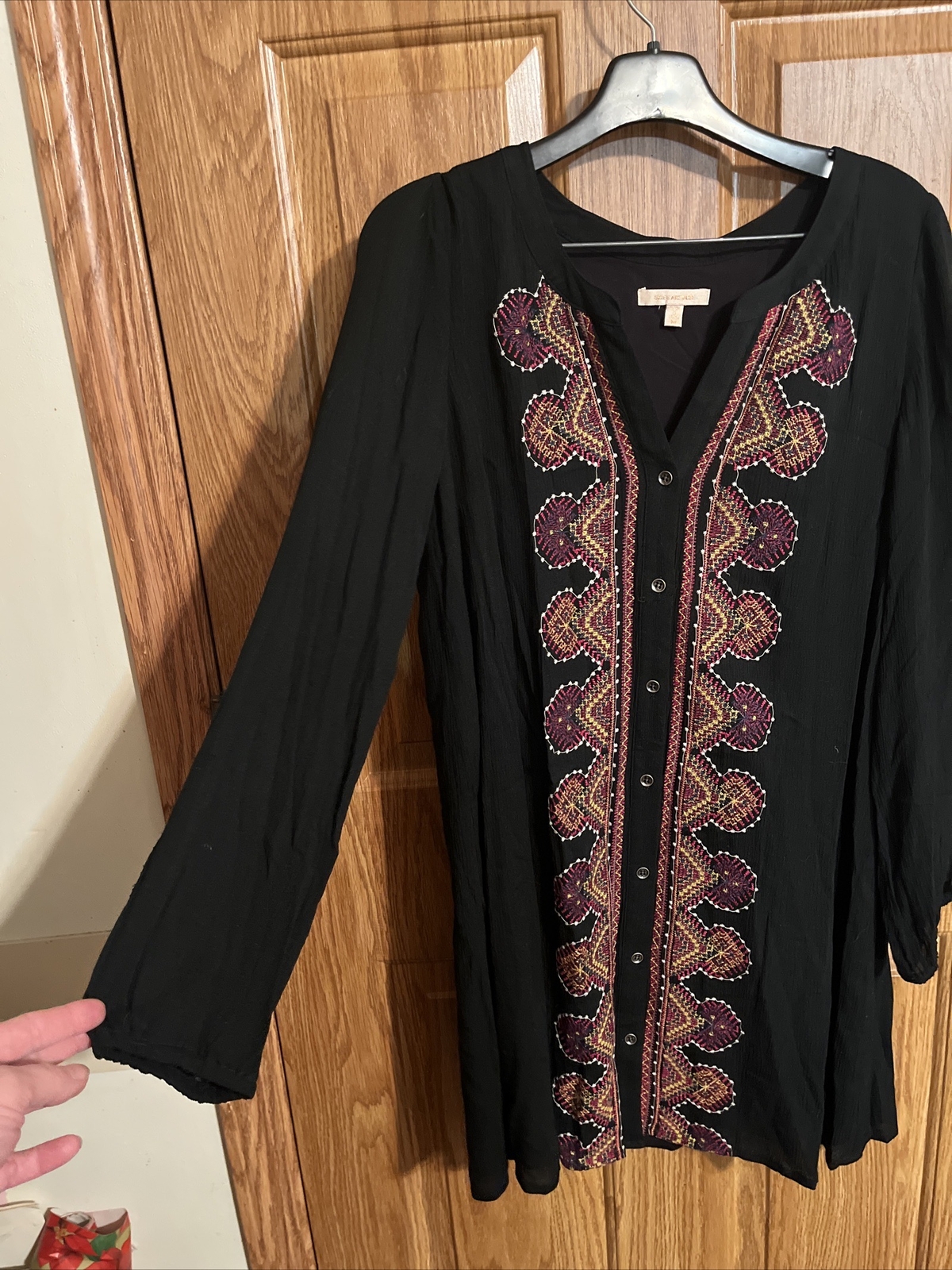 Tunic Dress Embroidered Full Button M Black V Neck Boho Hippie Festival Retro
