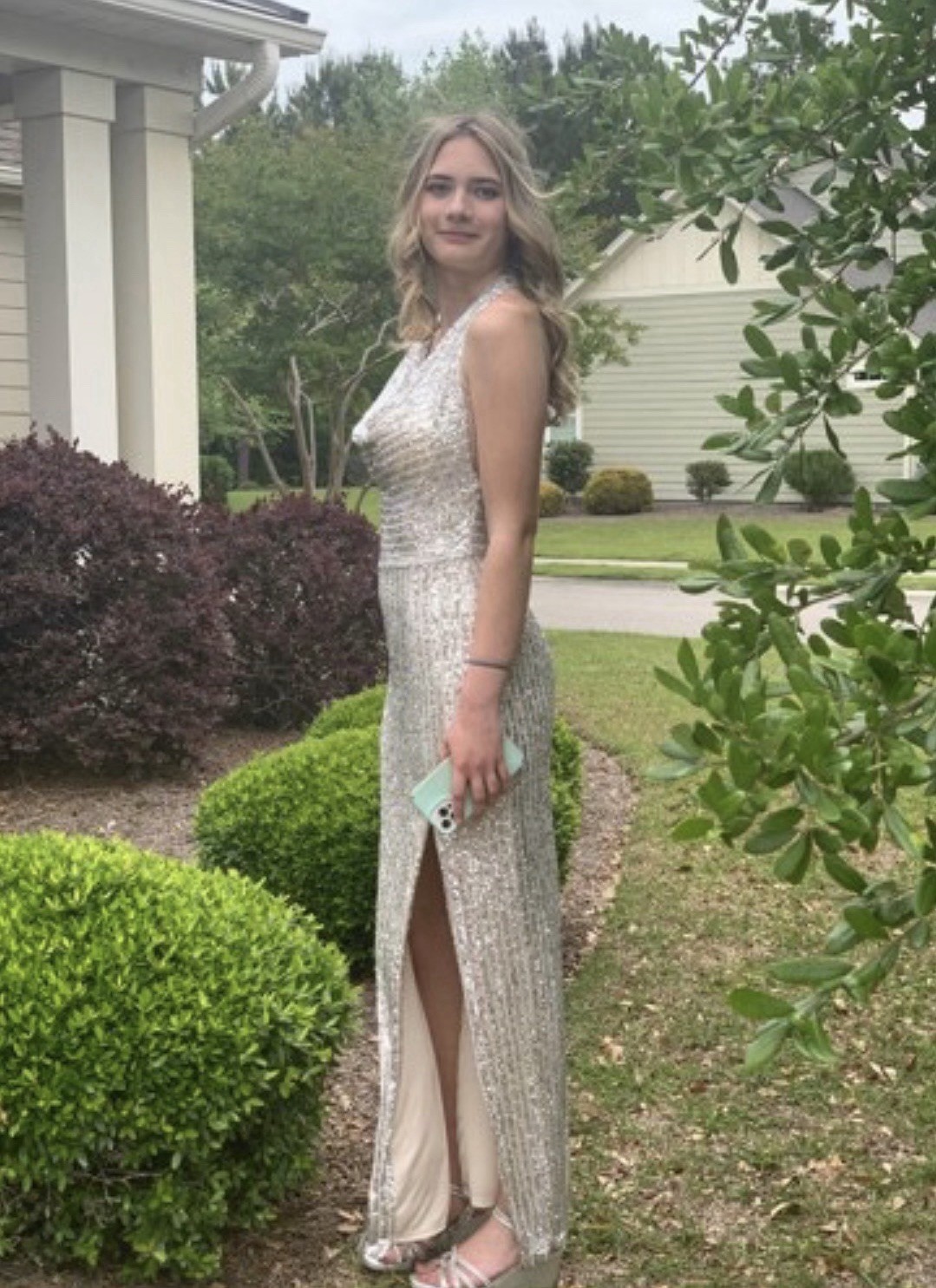 Violet Weekend Silver Sequin V-Neck Sleeveless Lined Slit Maxi Dress 7/8