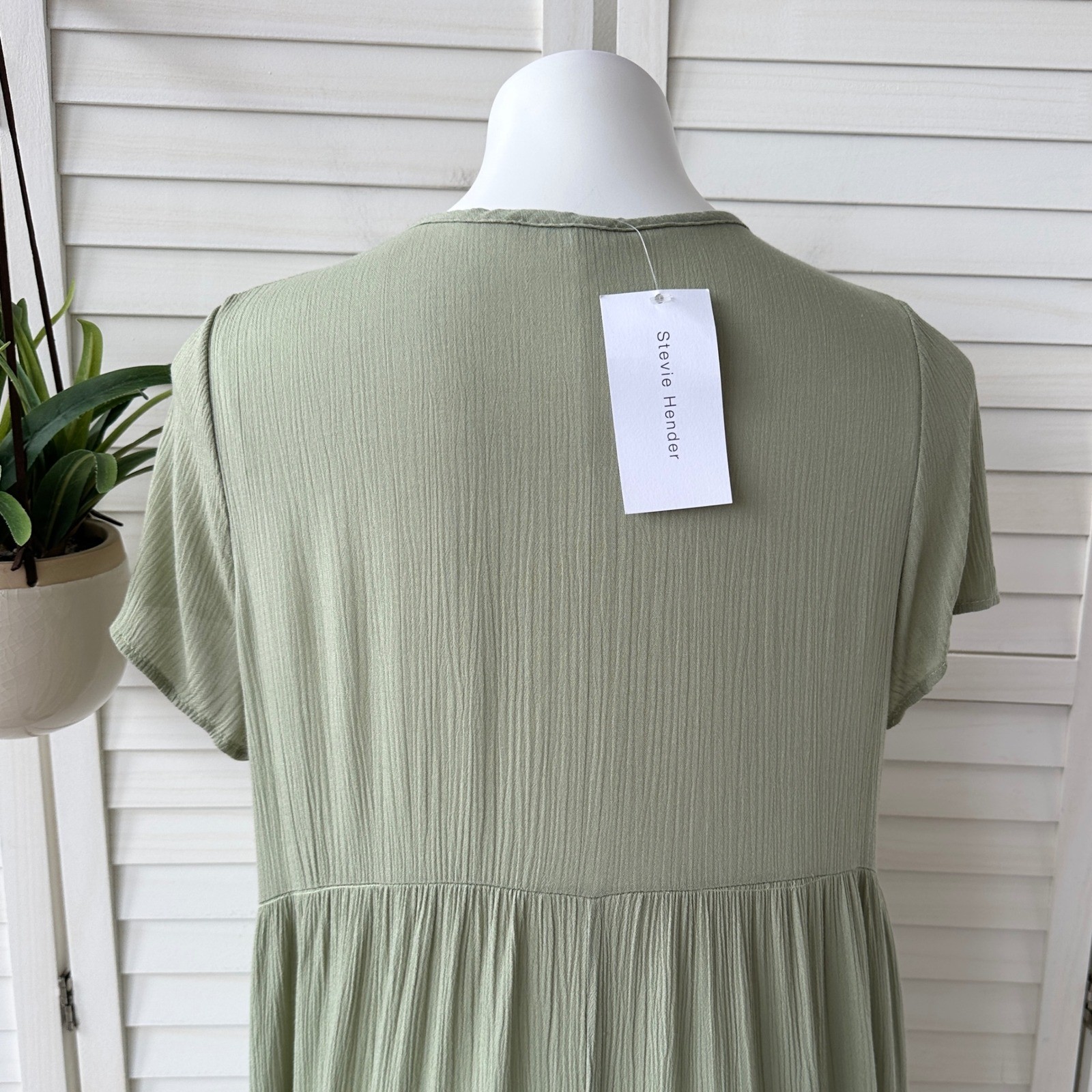 New Stevie Hender Green Crinkle V Neck Dress Short Sleeve Cottagecore Size L
