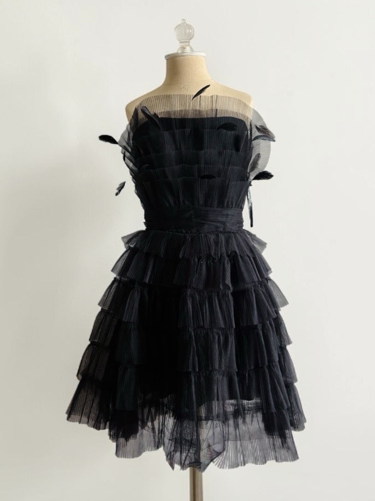 Mac Duggal 20529 Black Feathered Strapless Tulle Fit & Flare Mini Dress NWT sz 8