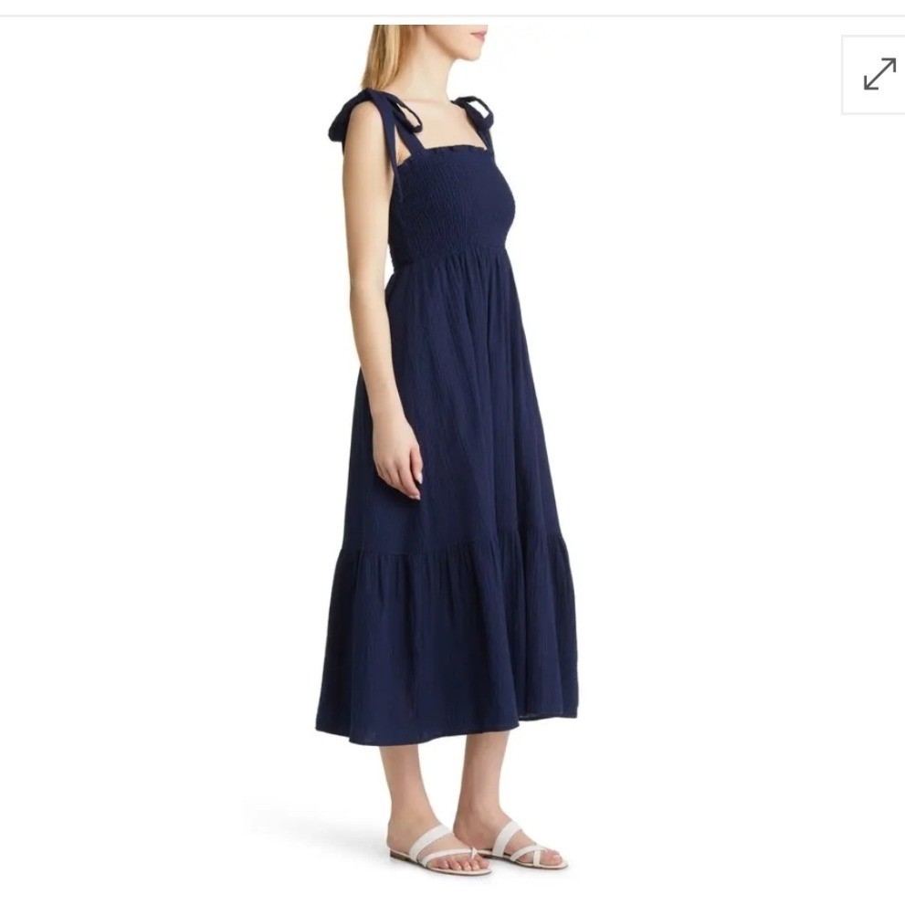 Caslon Smocked Tie Strap Cotton Gauze Midi Sundress Women 1X Blue Boho Tiered