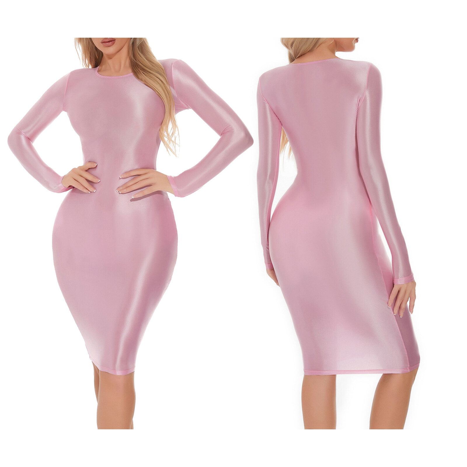 US Women’s Oil Shiny Long Sleeve Bodycon Midi Dress Solid Stretchy Slim Fit Club