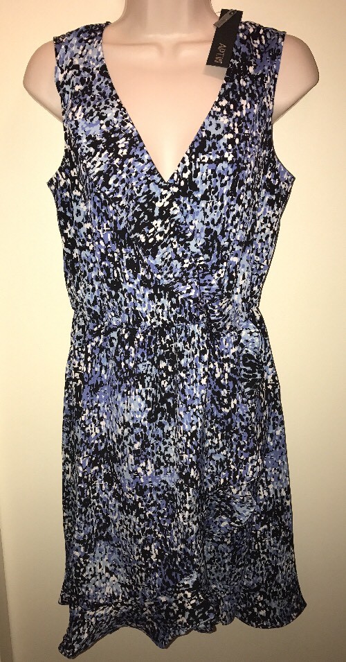 APT.9 Women’s Ruffle Faux-Wrap Dress BLUE/BLACK/WHITE ABSTRACT Size M PETITE NWT