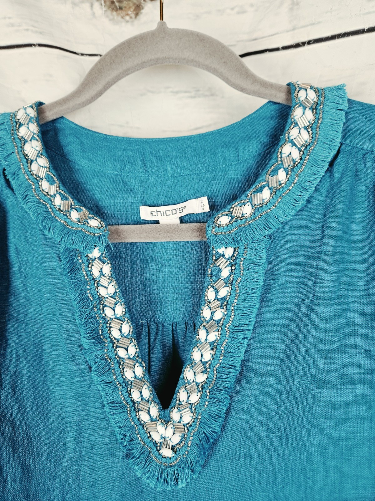 Chico’s Teal Beaded Linen Tiered Dress 2 Womens US 12 Midi Ruffle Short Sleeves
