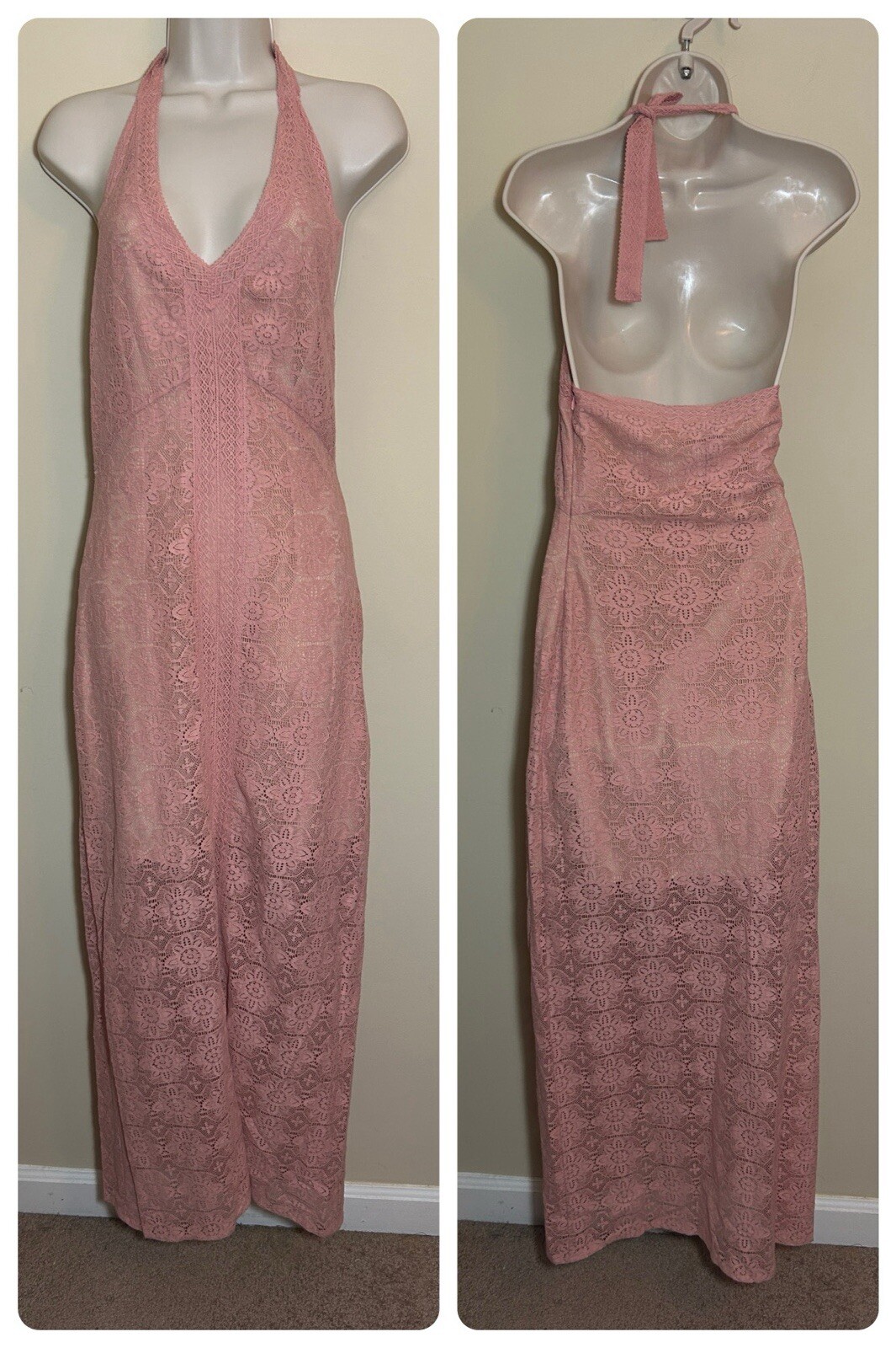 NWT Guess Size 2 Emery Pink Lace Halter Front Slit Evening Long Maxi Dress Boho