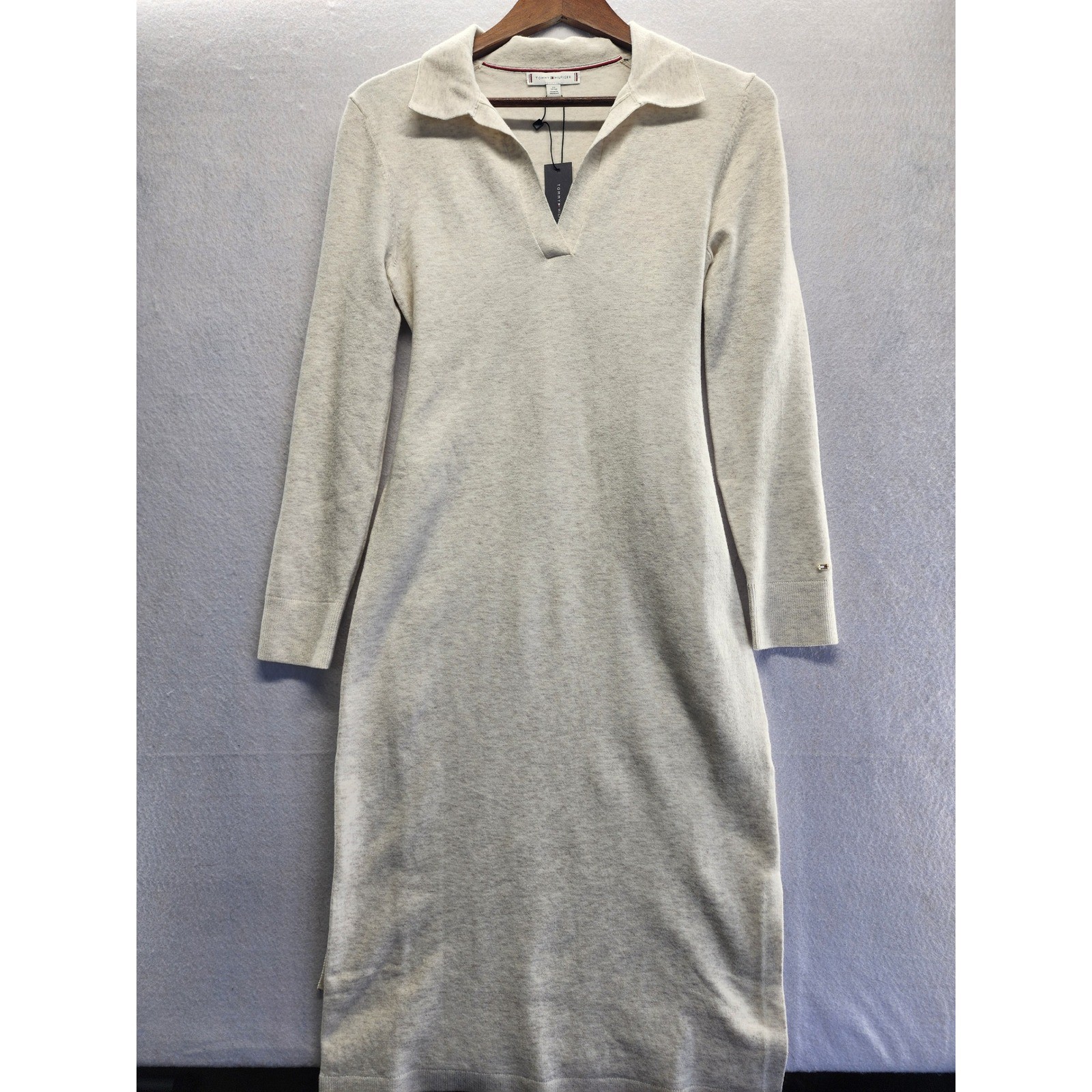 Tommy Hilfiger Heather Beige Collared V-Neck Long Sleeve Sweater Midi Dress XS