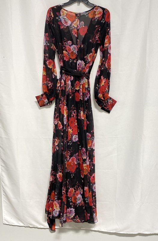 Va Va Voom Women’s Black Floral Wrap Maxi Dress Long Bishop Sleeve NWT Sz S