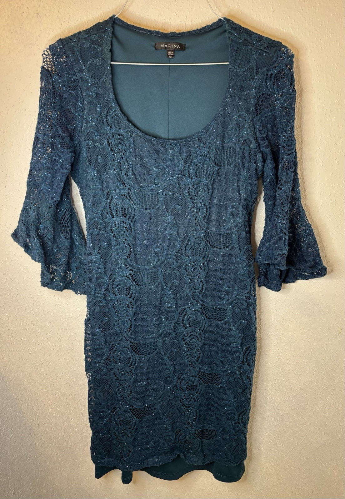 Marina Blue Floral Lace Sheath Dress Lined Scoop Neck 3/4 Bell Sleeve 12