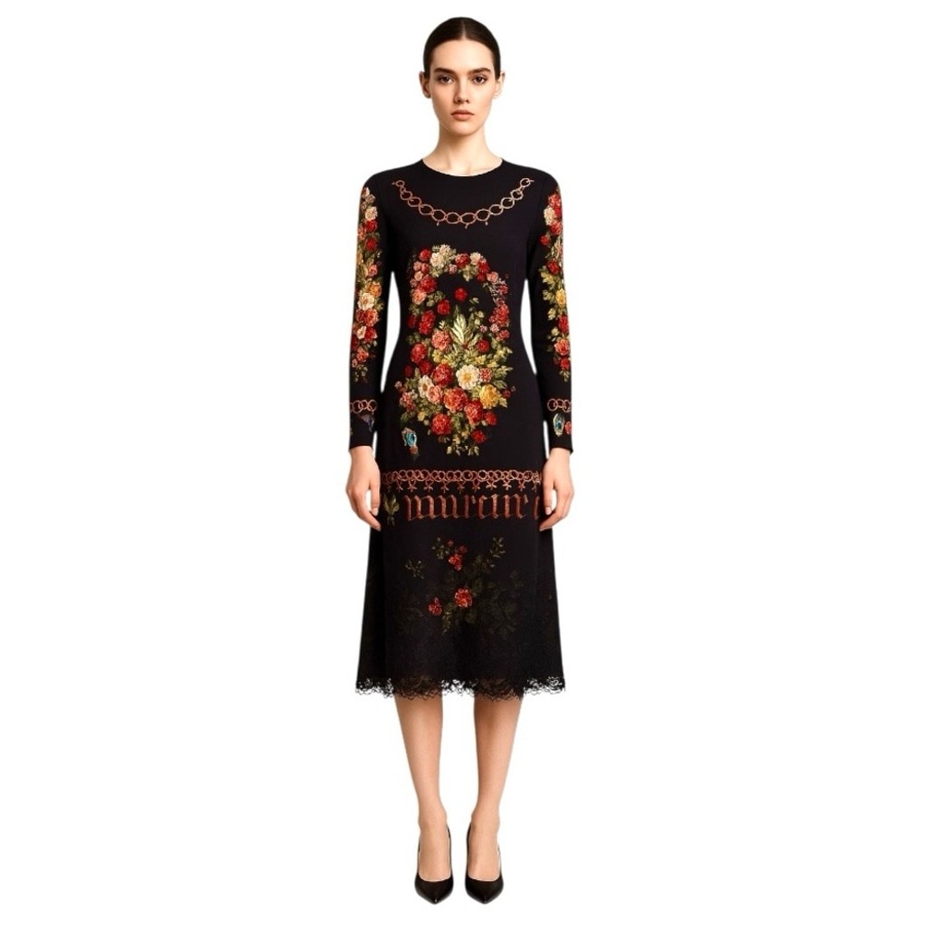 Floral Black Dress midi satin silk