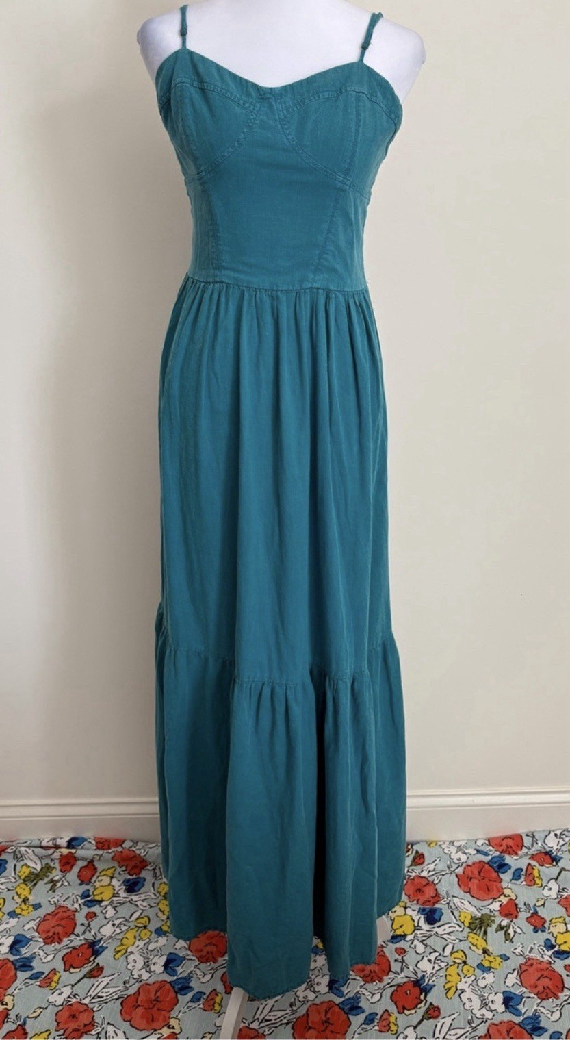 Young fabulous and Broke Teal Solid Strappy Linen Rayon blend Maxi Dress L