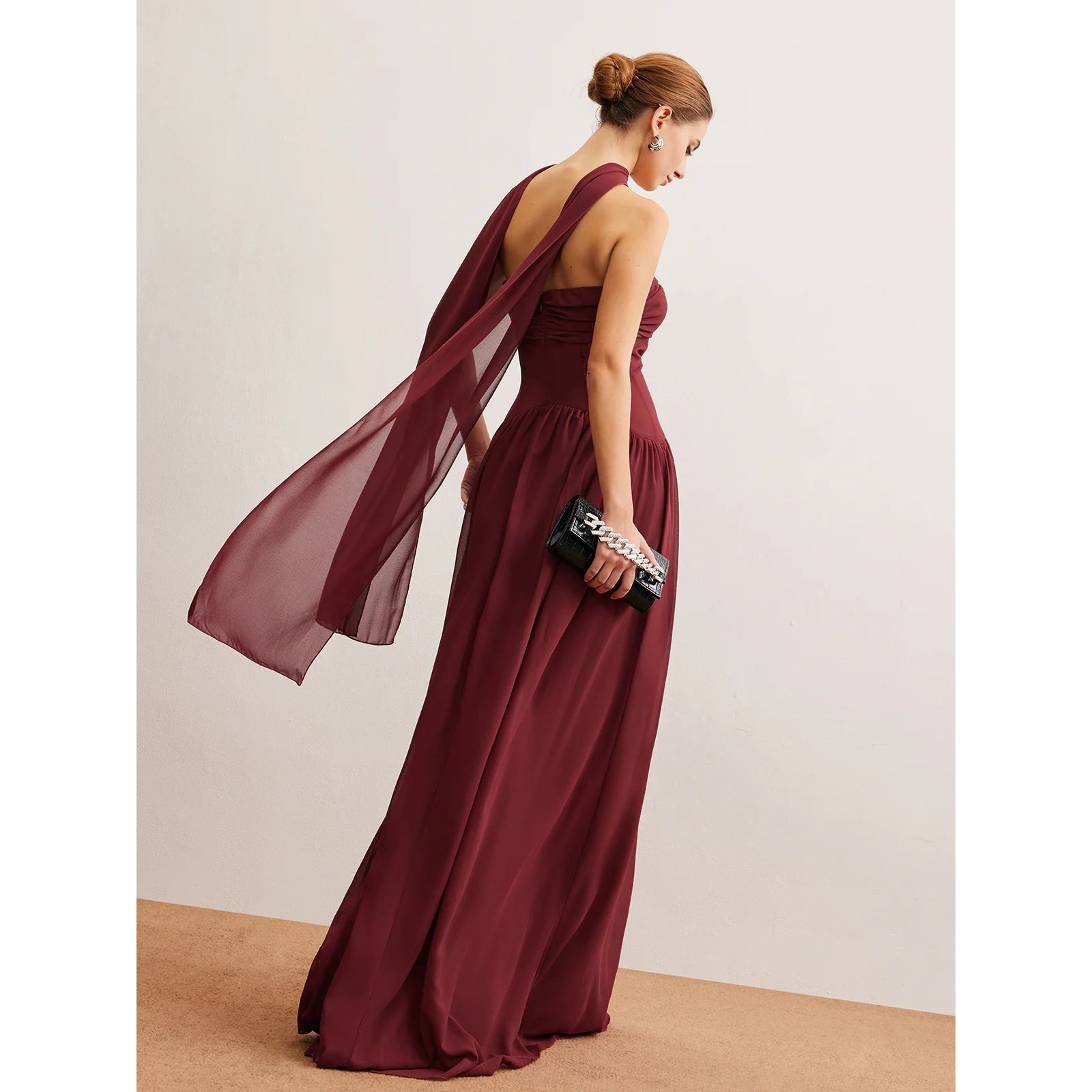 Commense Burgundy Chiffon Strapless Maxi Dress Formal Gown Elegant Party M US 6