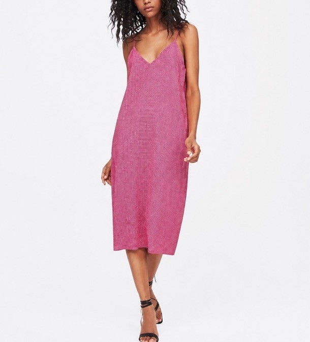 Zara Midi Slip Dress Sz L Pink Gingham Textured Stretch A-Line V-Neck Y2K Resort