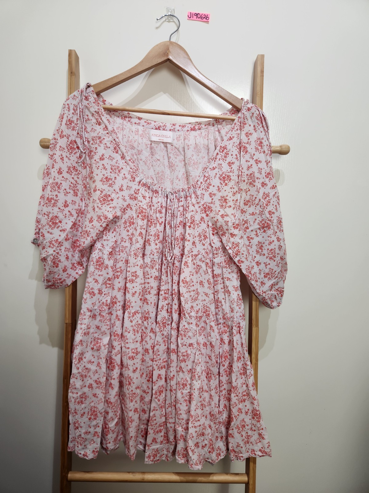 Kinga Csilla Pink Floral Cotton Short Puff Sleeve Mini Dress Pockets Free Size