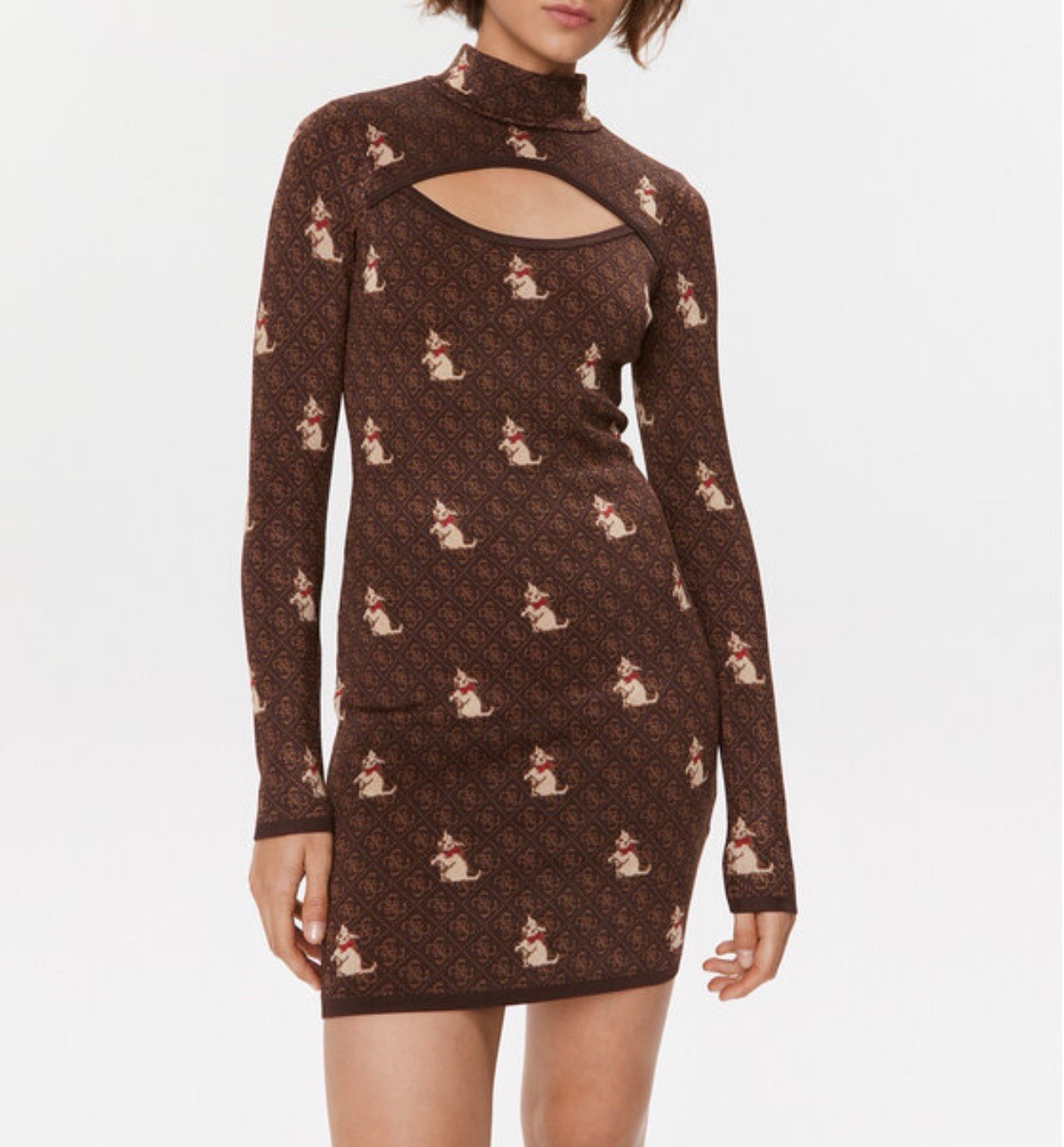 Brandalised Banksy Graffiti Cat Monogram Cutout Mock Neck Mini Dress Brown XS
