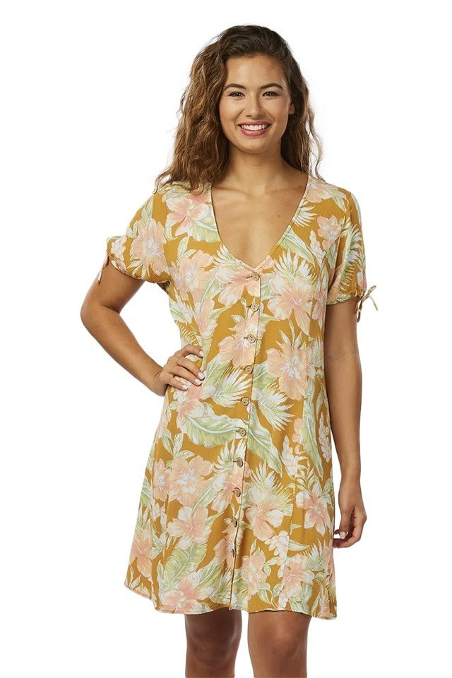 RIP CURL Always Summer Mini Dress Sz S V-Neck Button Down Short Tie Sleeve Visco