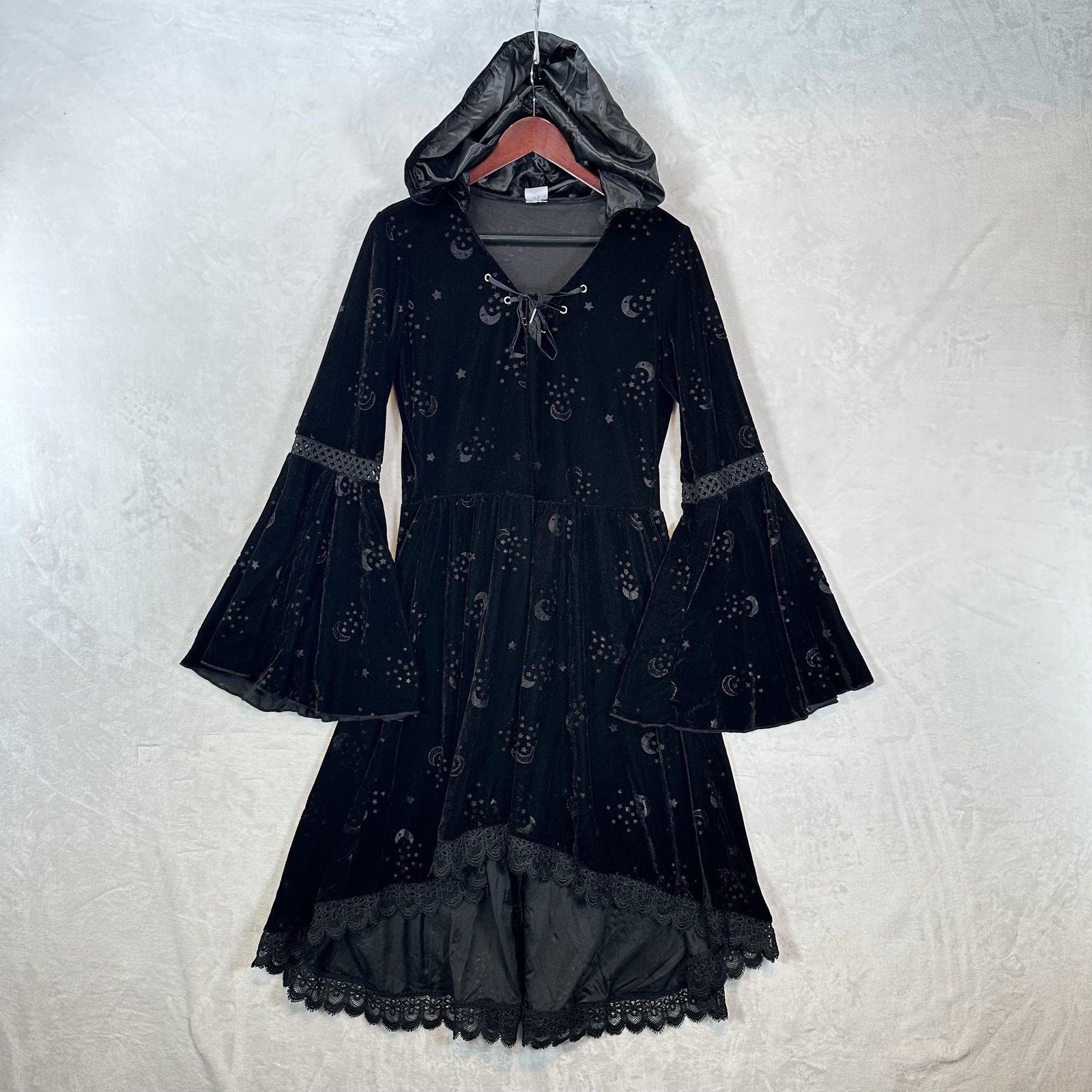Spirit Dress Womens L Black Velvet Hooded Celestial Bell Sleeve Witch Gothic