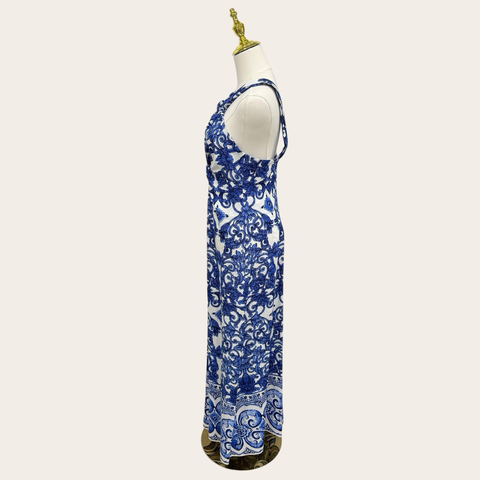Antonio Melani Bronwyn Blue Tile Print Linen Blend A-Line Halter Maxi Dress SZ 4