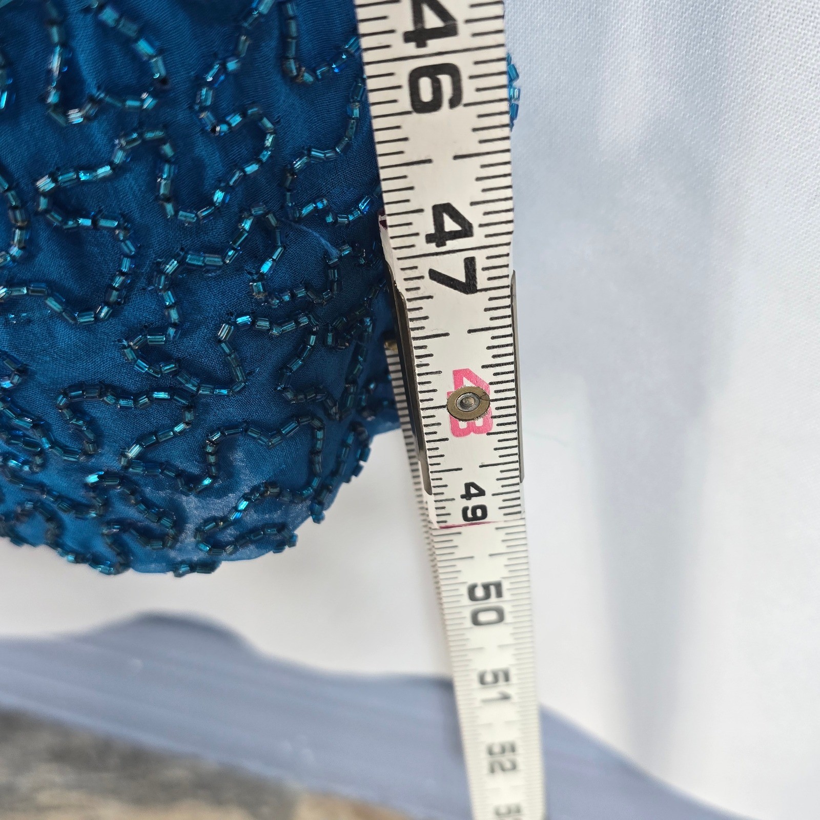 Sean X-Press Teal Blue Beaded Silk Halter V-Neck Maxi Evening Gown Dress Large
