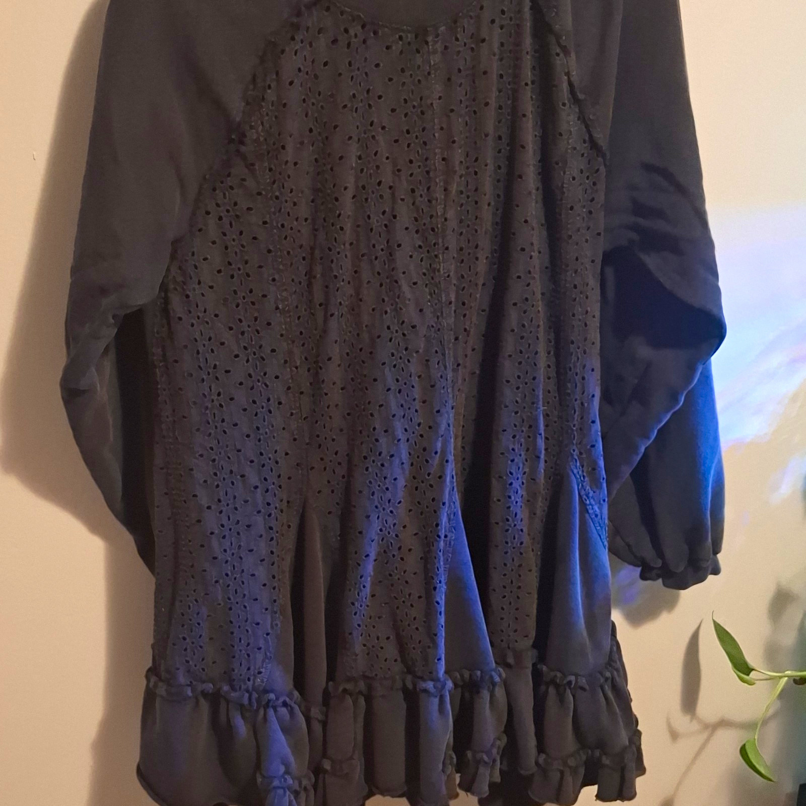 Free People Black 100% Cotton Mini Dress Round Neck Long Sleeve Ruffle Hem L