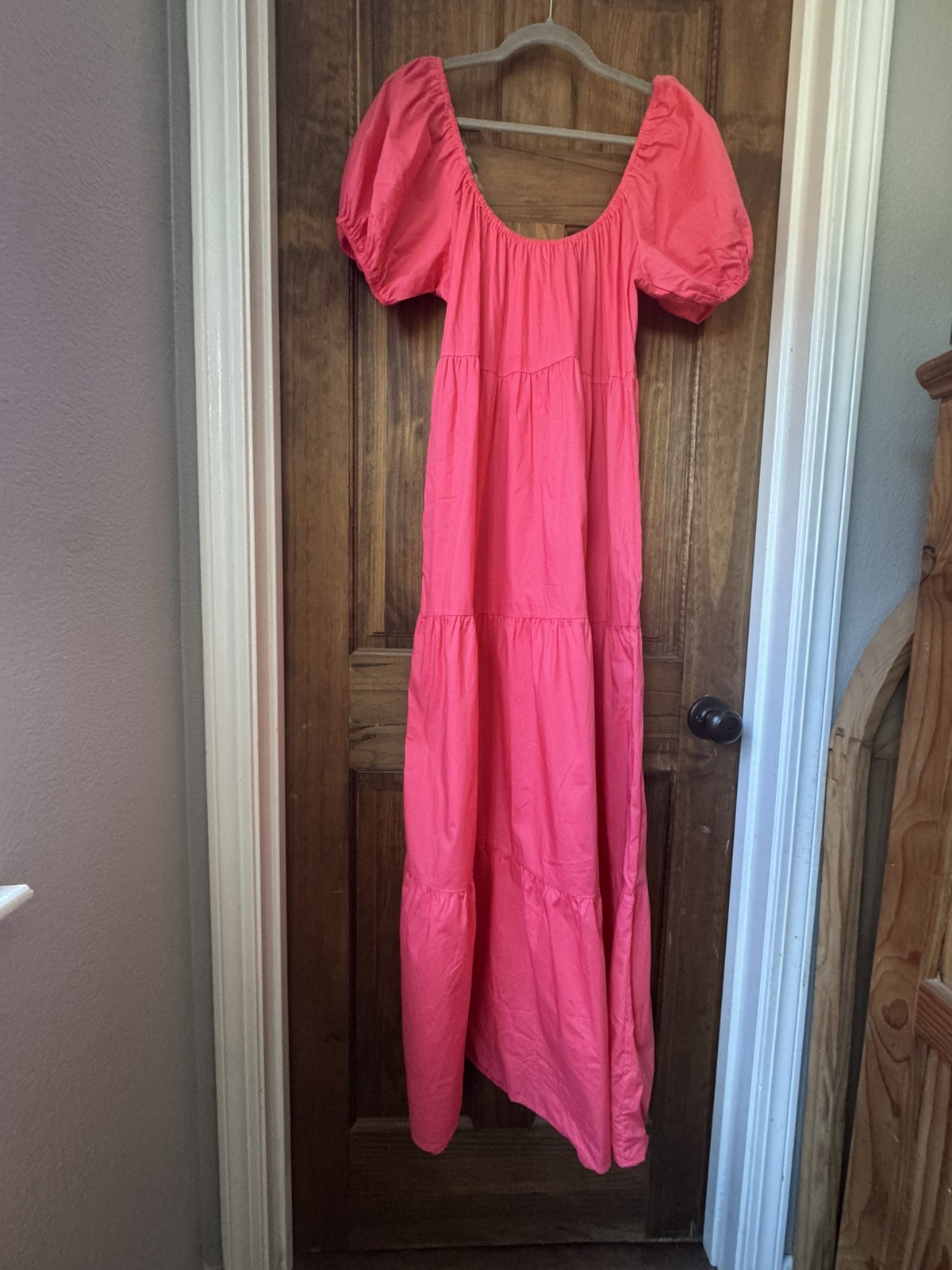 Wild Fable Women’s Short Sleeve Tiered Poplin Maxi Dress – Coral – S