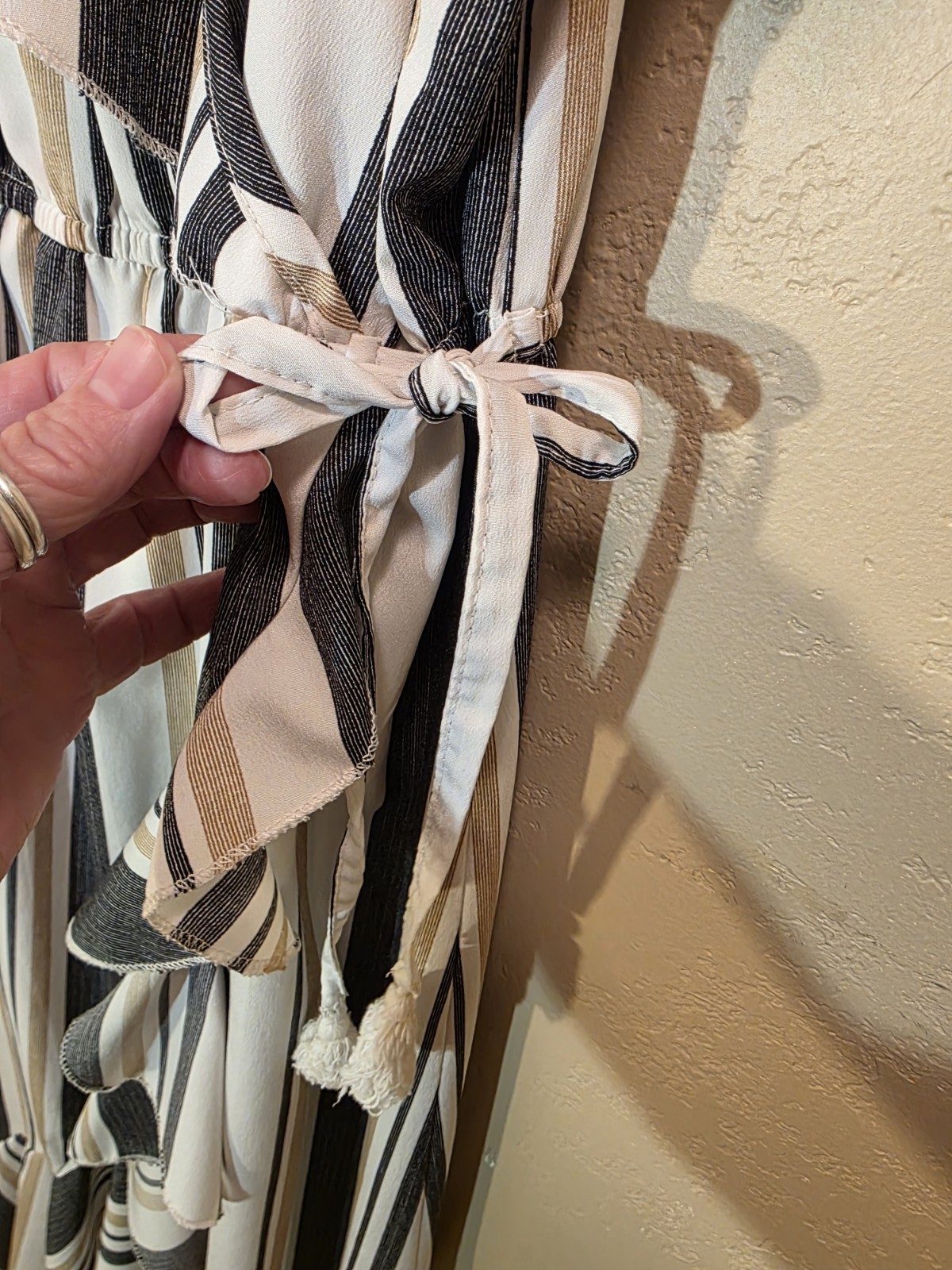 Hint of Blush Striped Ruffle Maxi Wrap Dress Size M White Black Beige V-Neck