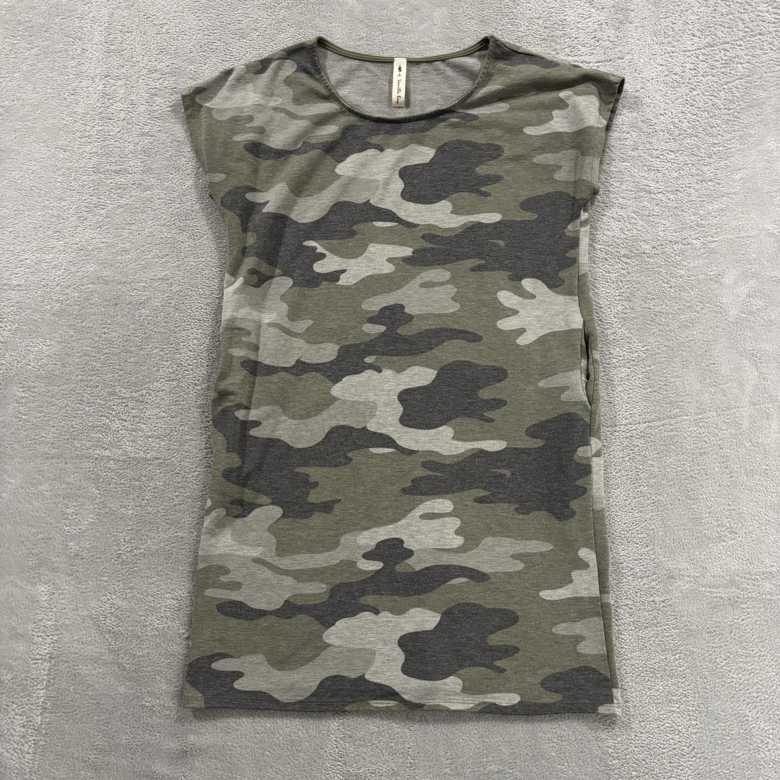 Vanilla Bay Sleeveless Shirt Dress Women’s Large Pockets Cotton Green Camo