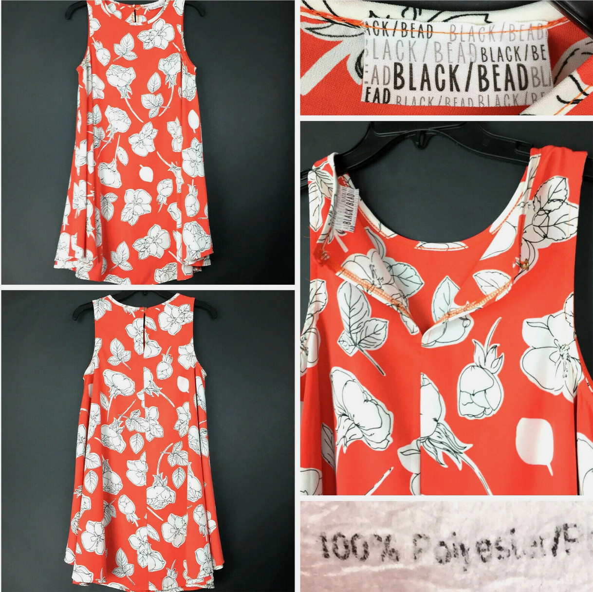 Coral Orange Floral Womens Medium (32 in Bust) Flower Bloom Sleeveless Dress