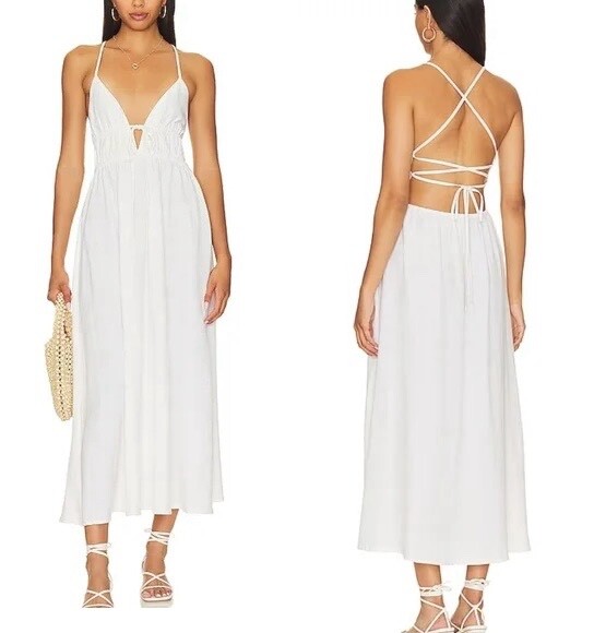 L*Space Playa Vista Lace Up Open Back Midi Dress White/Cream Size M – NWT