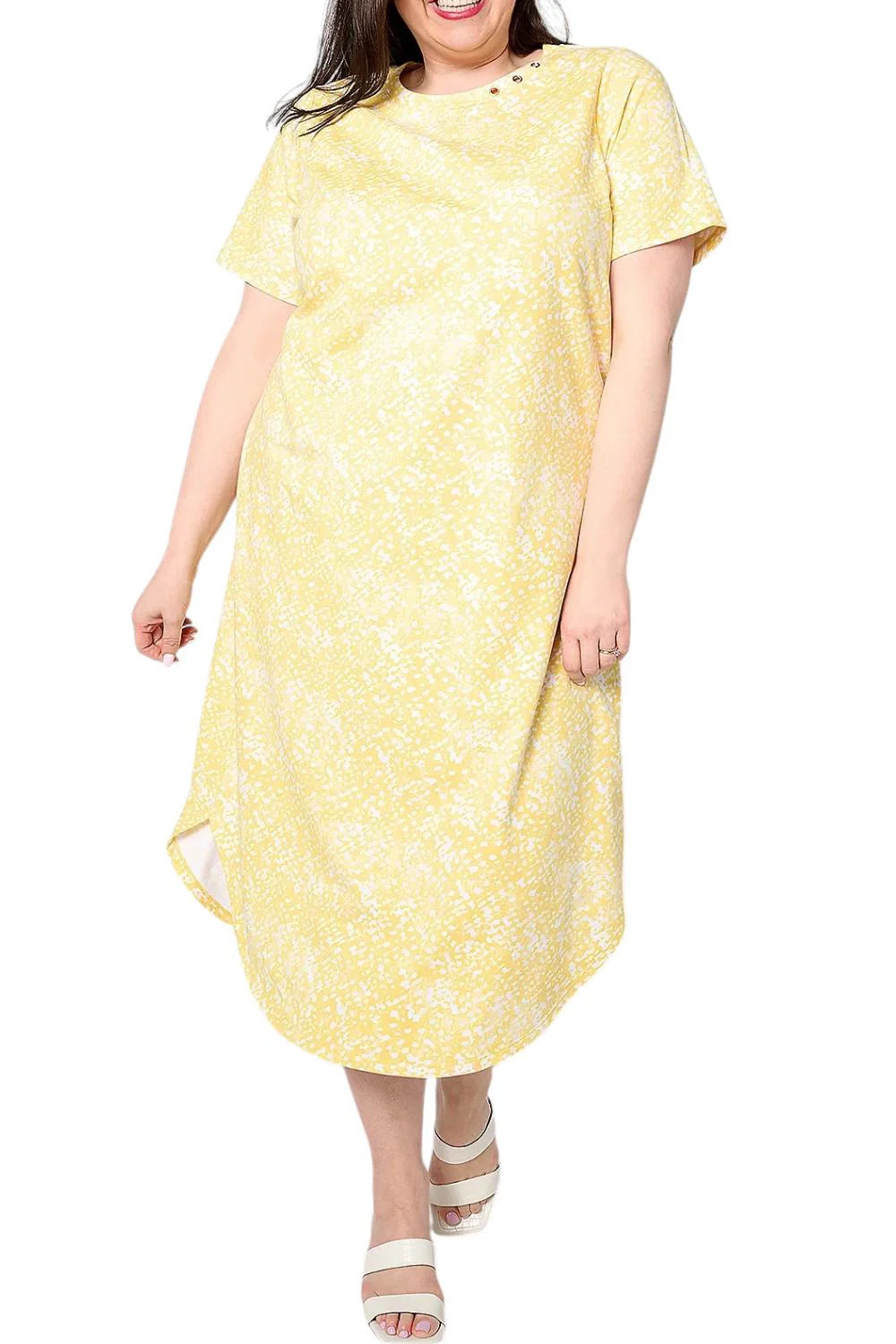 Sport Savvy French Terry Printed Midi T-Shirt Dress Yellow Abstract