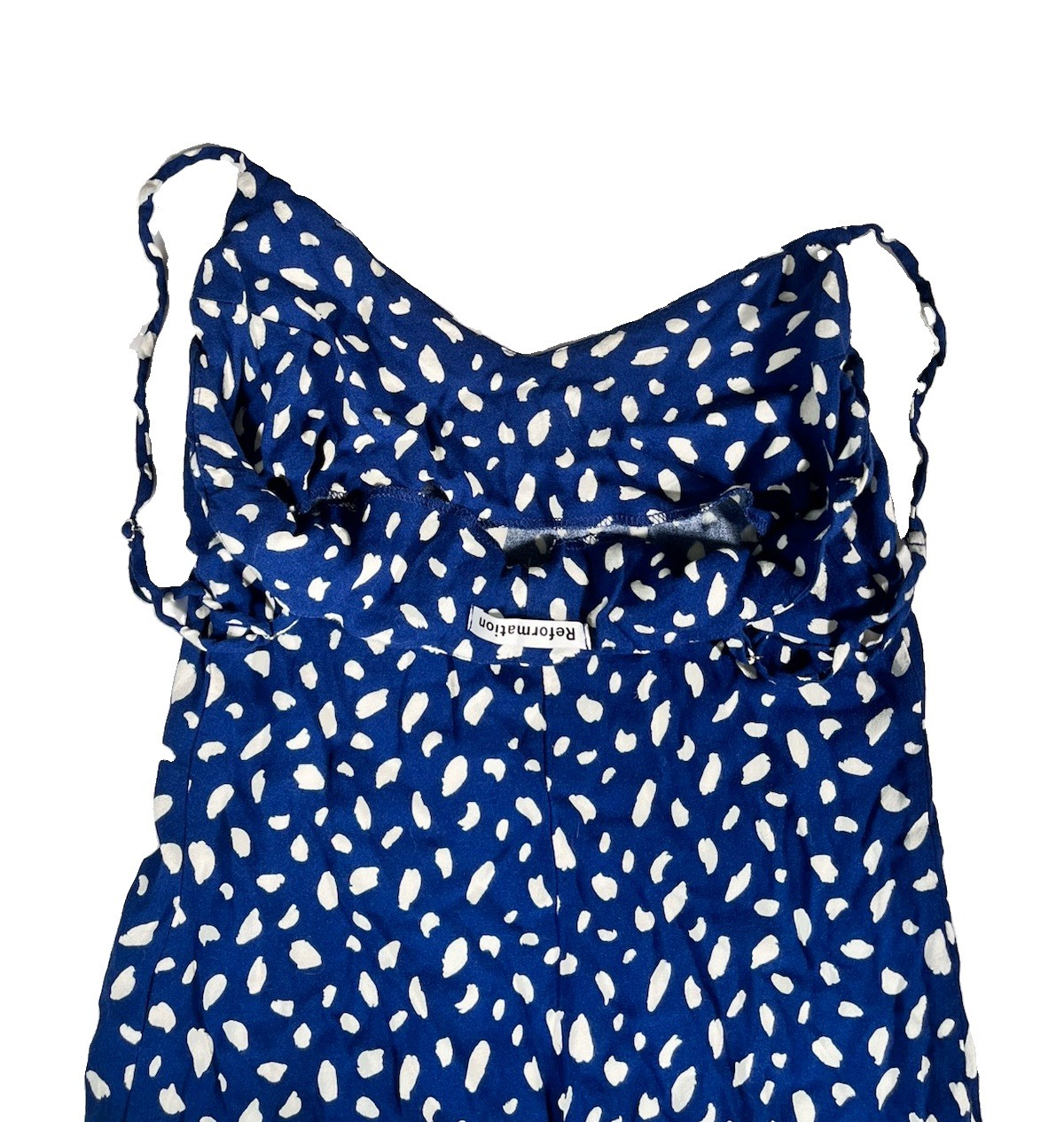 Reformation Crimini Midi Spaghetti Strap V-Neck Dress in Blue Polka Dot Size 4