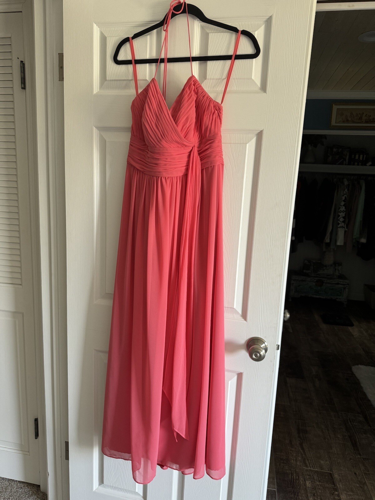 Lauren Ralph Lauren Women’s Pleated Bow Empire Halter Chiffon Gown 8 Coral EUC