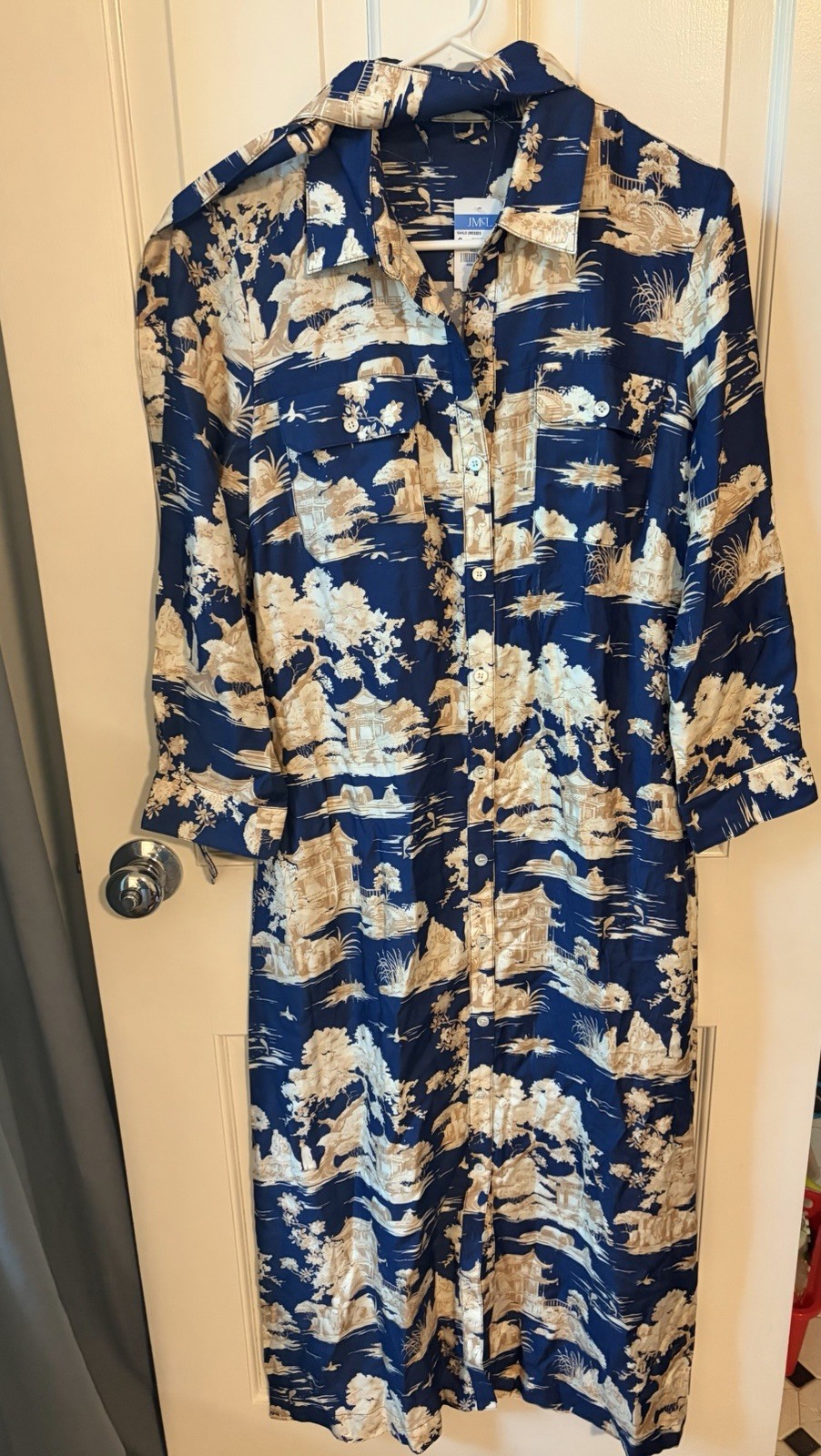 j mclaughlin dress Toile Chinoiserie Blue Cream Long New Small Maxi