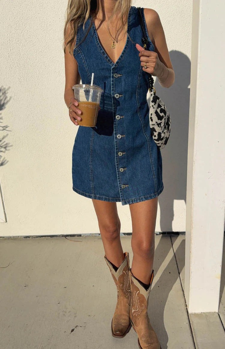 Distressed Button-Front Denim Mini Dress