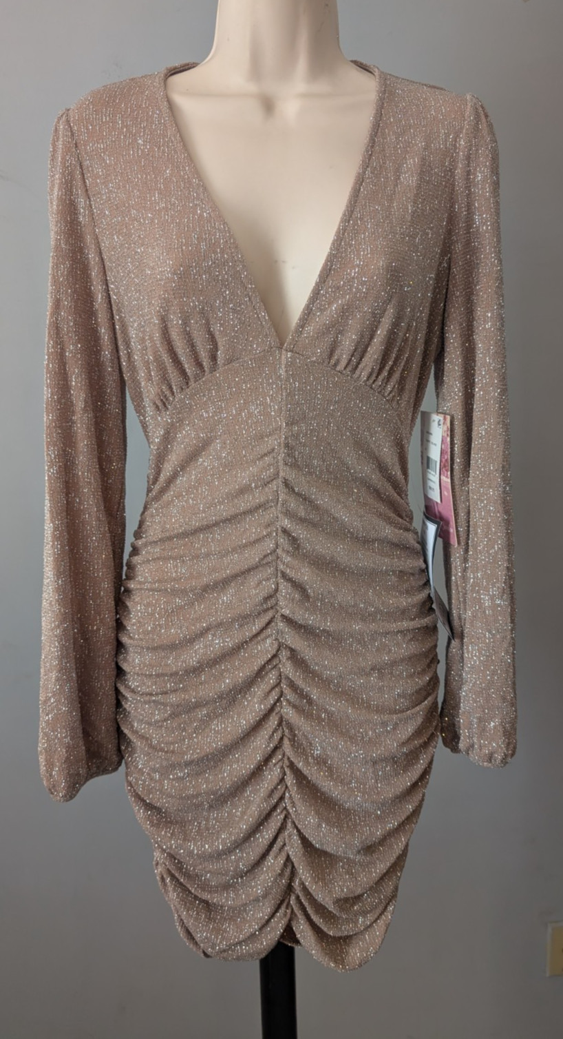 NWT Emerald Sundae Womens Silver Taupe Glitter Draped Front Dress M Ruched