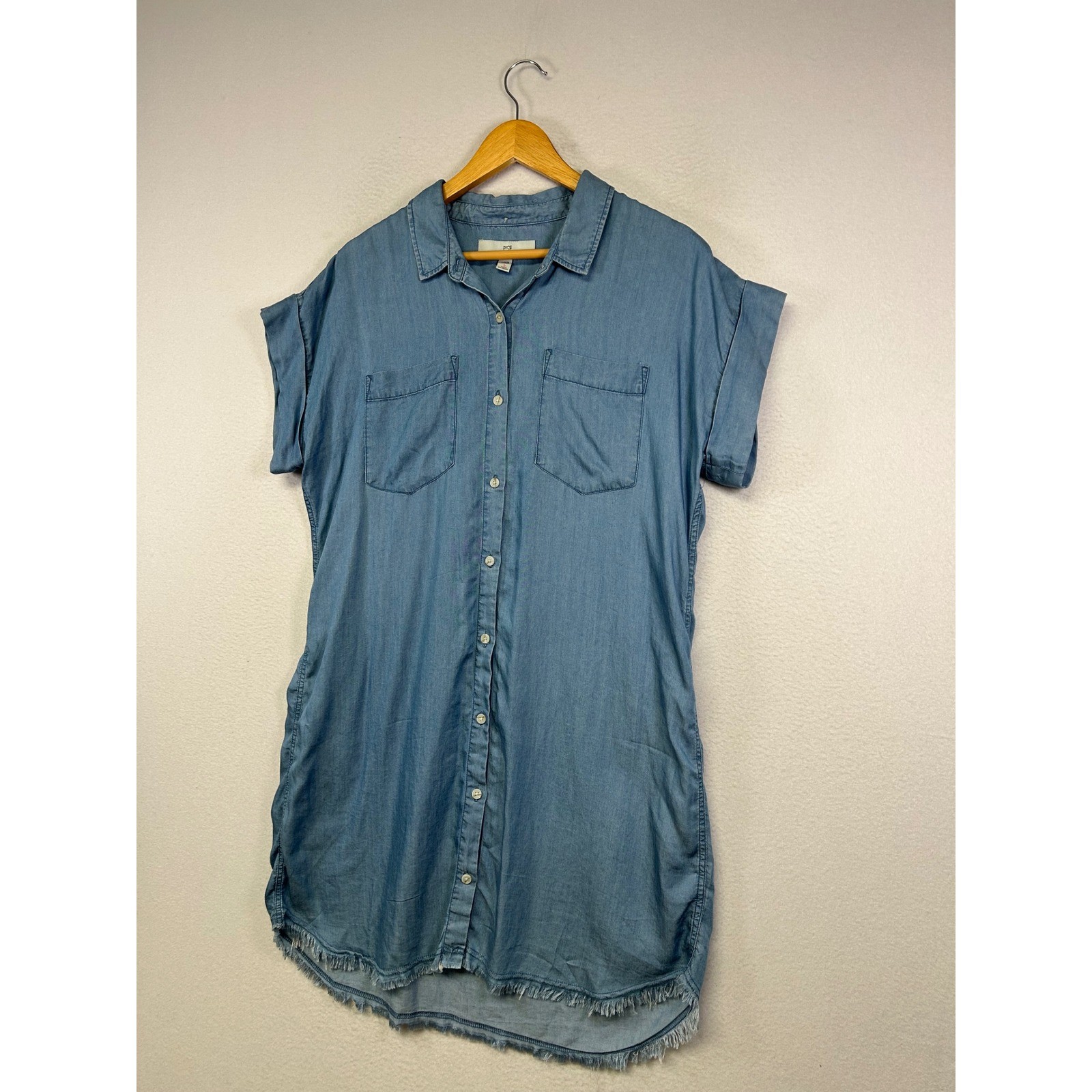 Boho Coastal Thread & Supply Womens Large Blue Lyocell Fringe Hem Shirt Dress