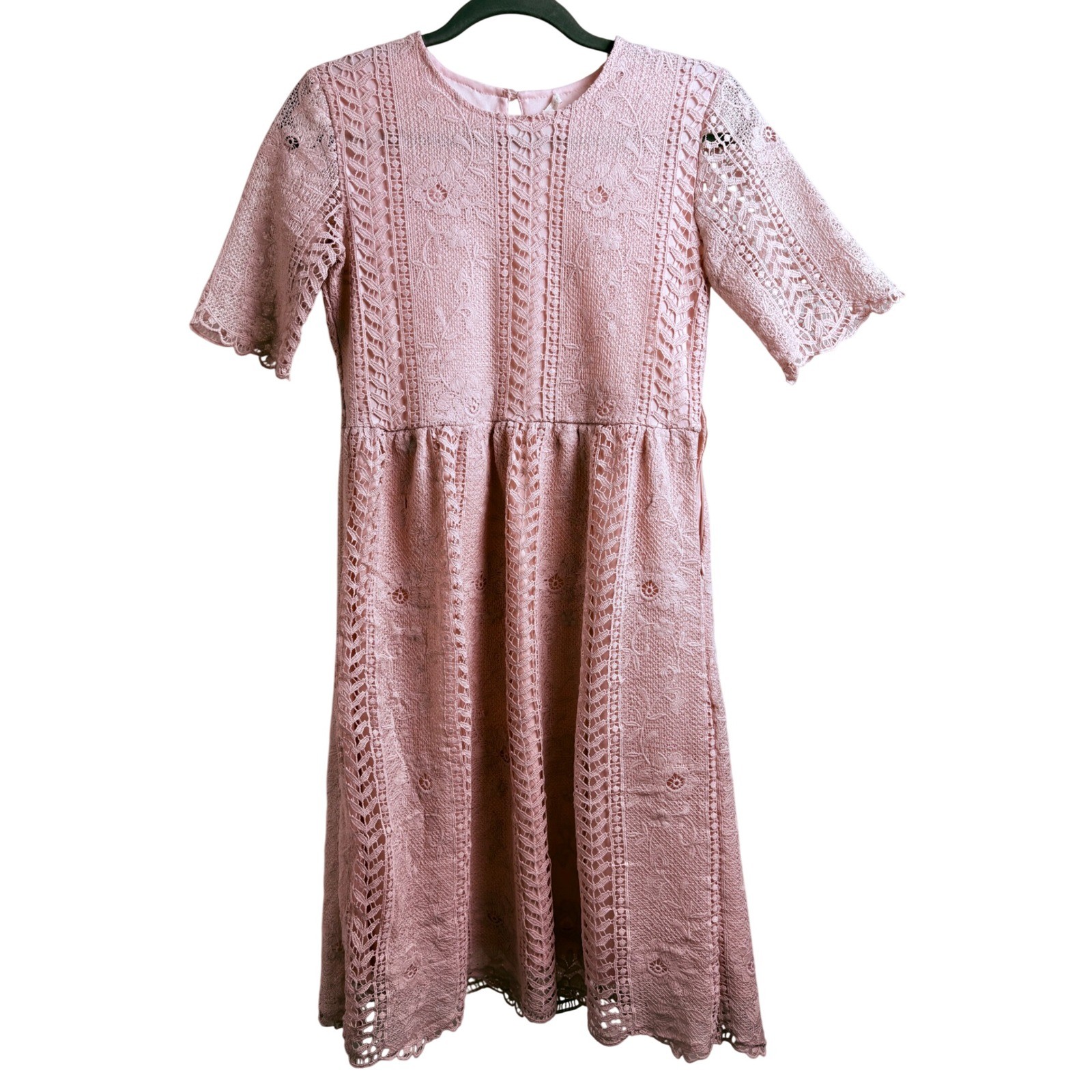 Blush Pink Lace Dress Women’s Cottagecore Romantic Coquette Tea Party Midi