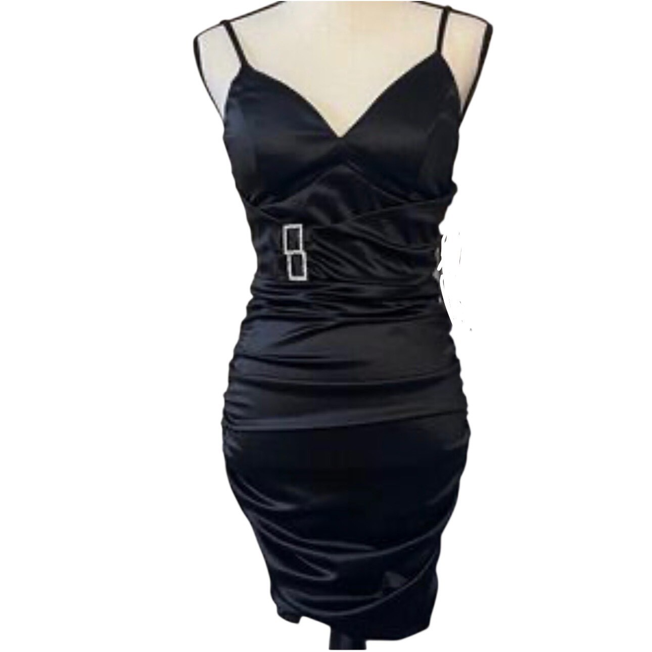Honey and Rosie Black Satin Ruched Bodycon Mini Dress Rhinestone Buckle Small