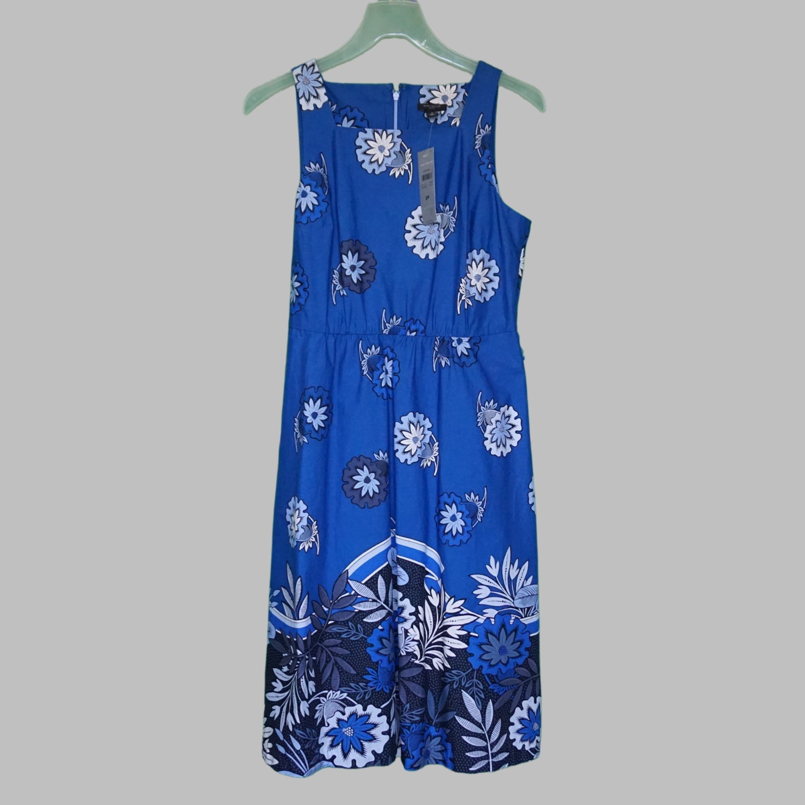 NWT Ann Taylor Petite Blue Floral Belted Poplin Midi Dress Square Neck 2P
