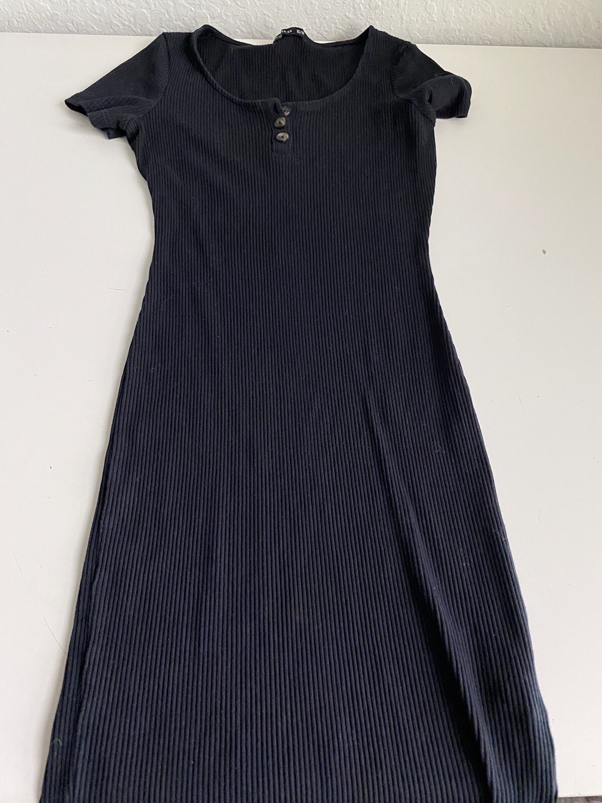 Coton:On Button Front Short Sleeve Ribbed Mini Dress In Black Size XS Check Pic