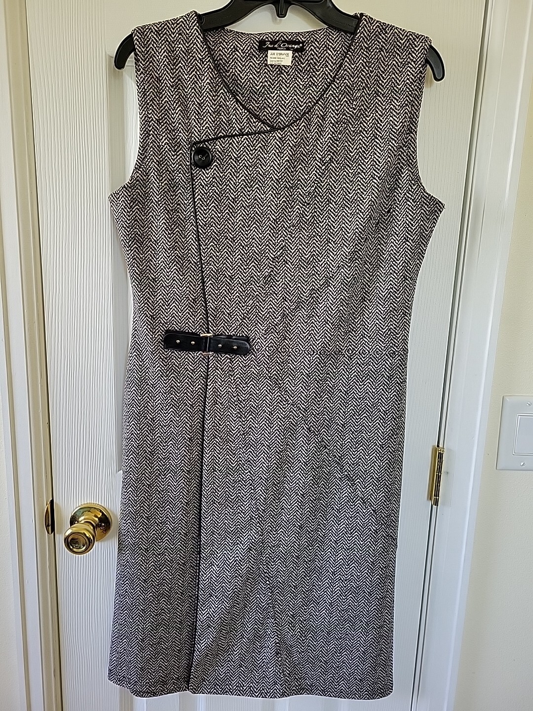 Jus L’Orange Dress Sz L? Black & Off-White Herringbone Button Buckle Sleeveless