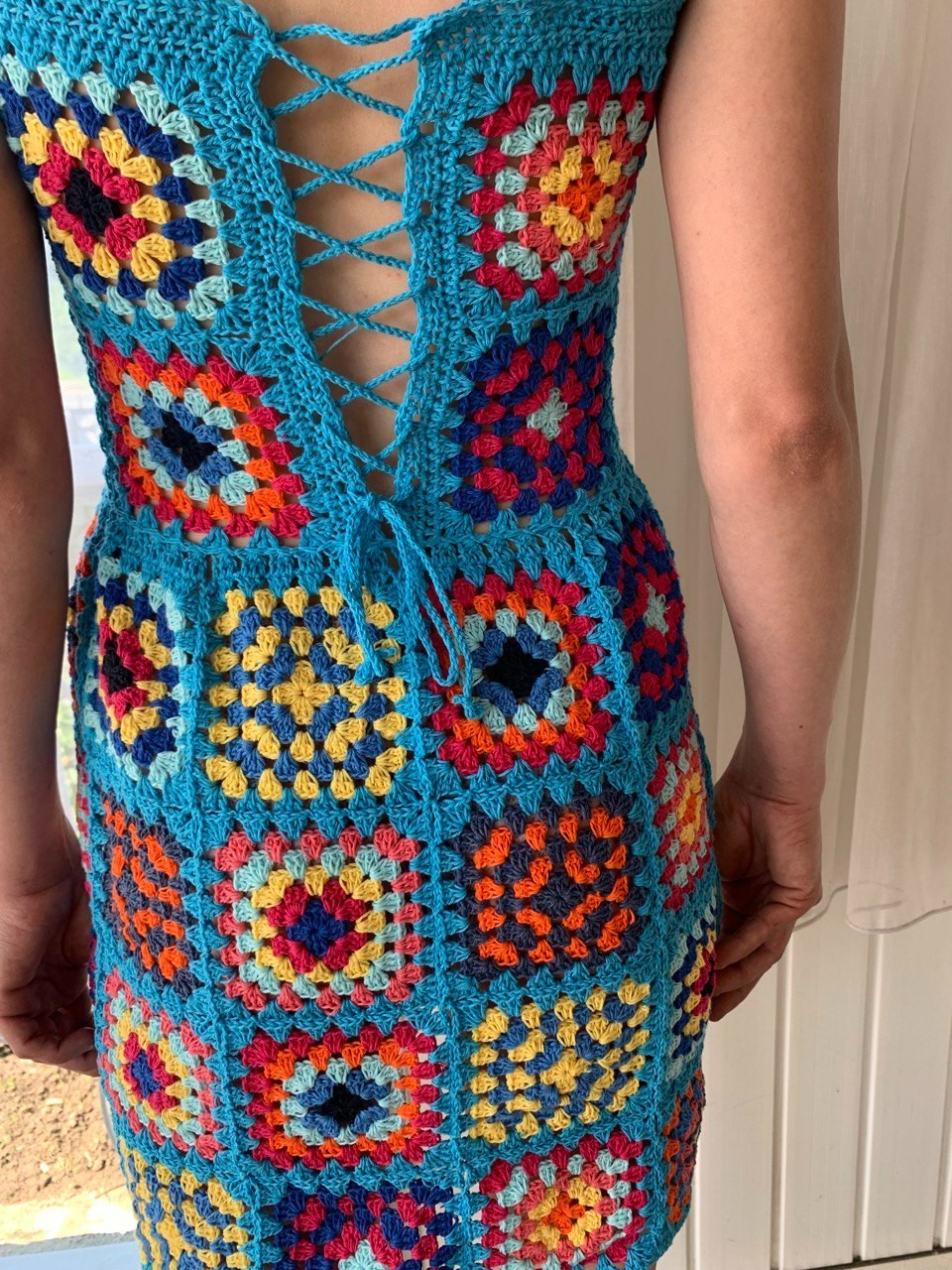 Handmade Granny Square Crochet Mini Dress Boho Festival Beach Cover Up